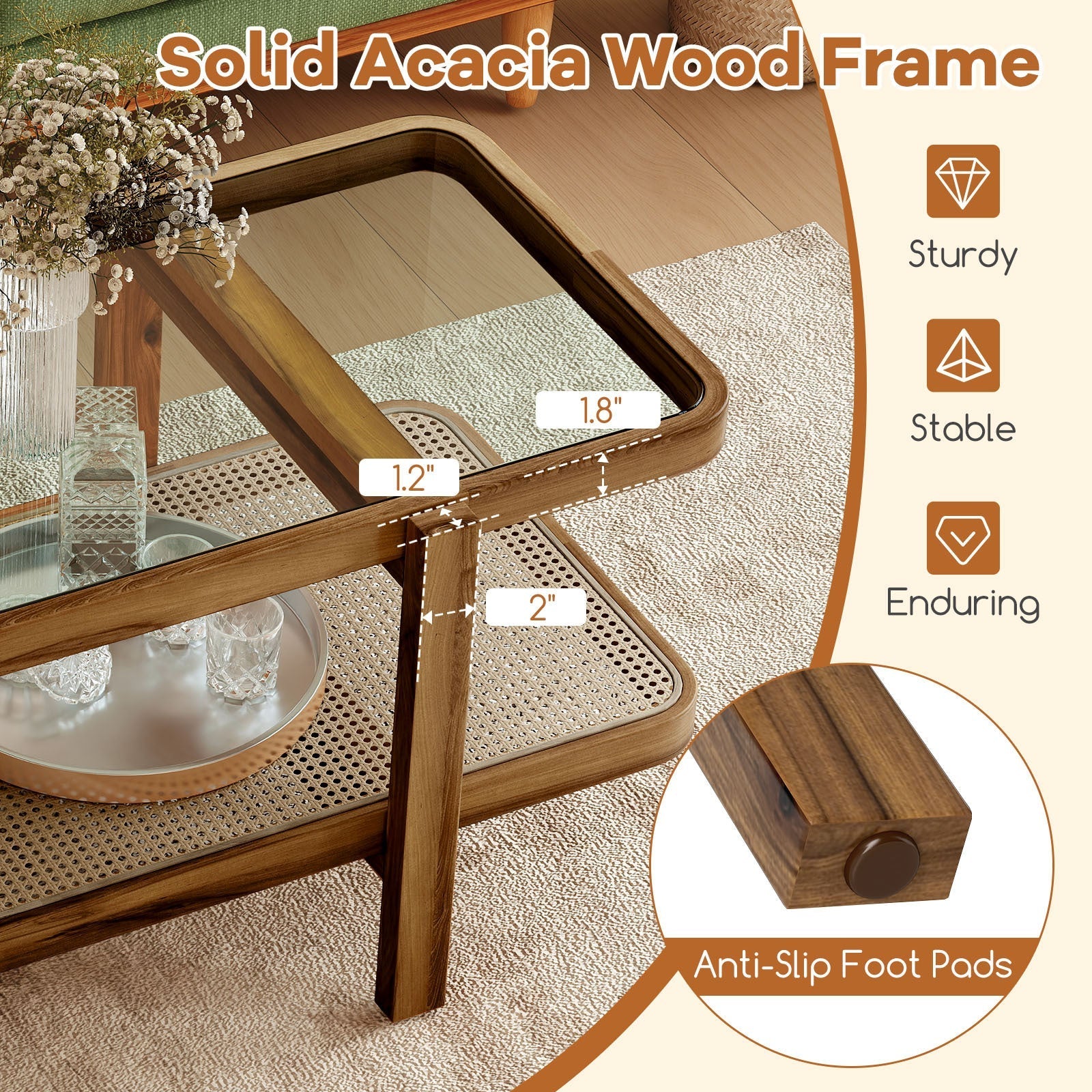 2-Tier Coffee Table with Storage, Rustic Center Table with Tempered Glass Tabletop, PE Rattan Shelf & Acacia Wood Frame, Accent Tea Table for Living Room