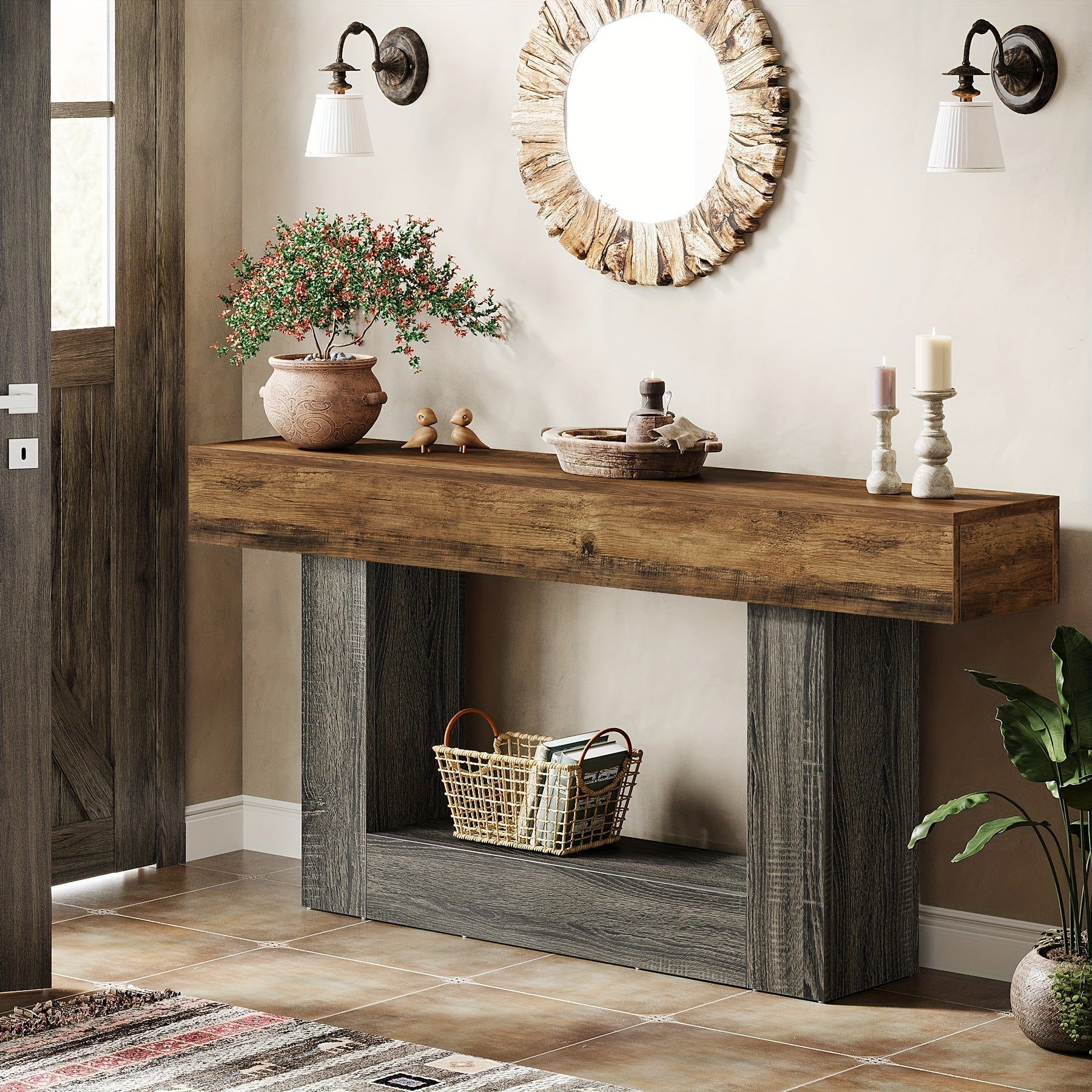 160 cm Narrow Long Console Table With Storage, Farmhouse 2-Tier Entryway Table With U-Shaped Base, Vintage Wood Sofa Table Behind Couch Table For Living Room, Hallway, Foyer, Rustic Brown And Grey