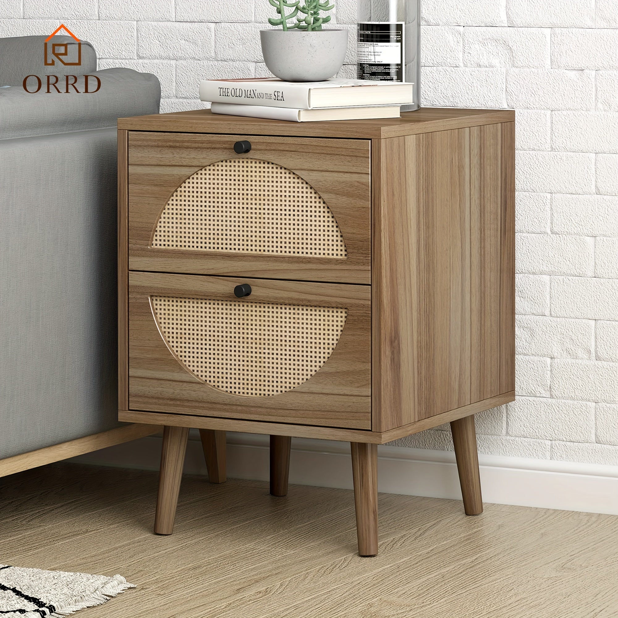 Nightstand With 2 Rattan Storage Drawers, End Table Side Table Wooden Coffee Table Accent Home Decor For Living Room, Bedroom (Natural)