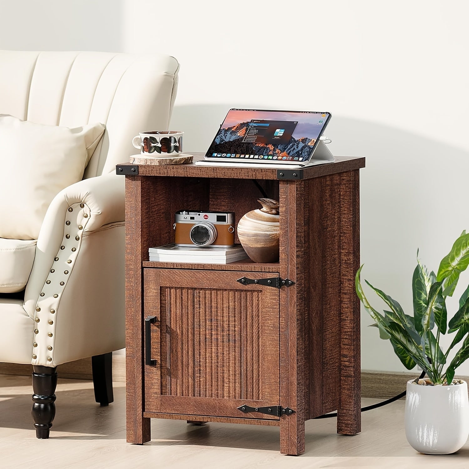 Rustic Farmhouse Nightstand with Built-In Charging Station & USB Ports - Spacious Storage Shelf, Magnetic Door, and Durable Wood Construction for Bedroom