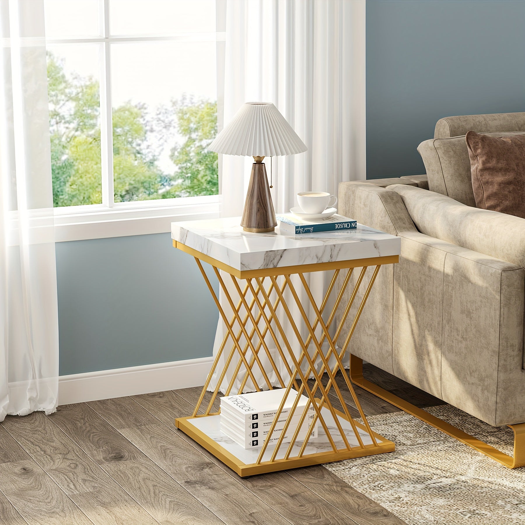 Square Side Table, White Golden End Table, 2-Tier End Table, Modern Bedside Table, Small Side Table with Storage for Couch, Sofa Side Table with Metal Frame for Living Room