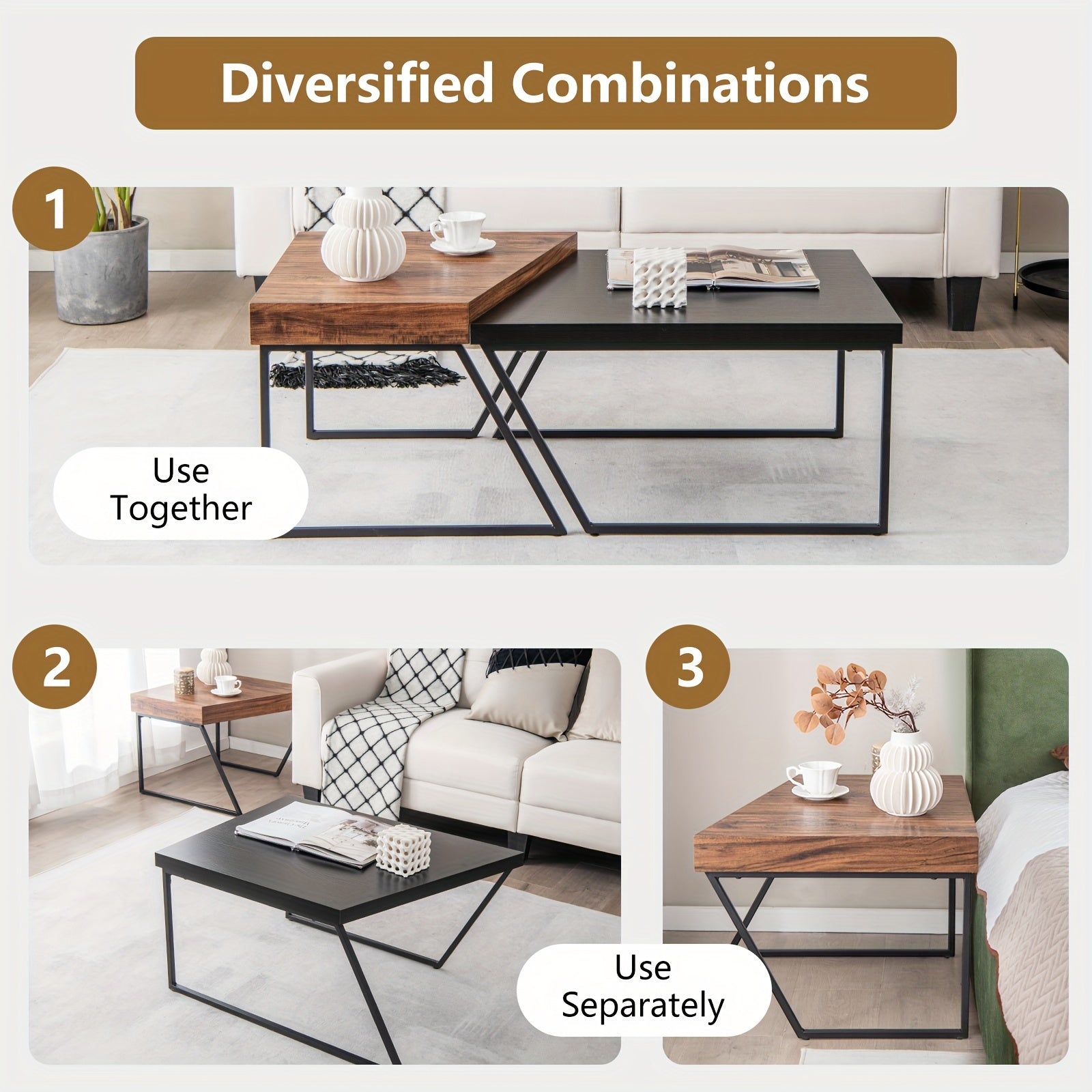 2pcs Nesting Coffee Table Set, Modern Wooden Stacking Side Tables, Space Saving Furniture For Living Room, Home Decor