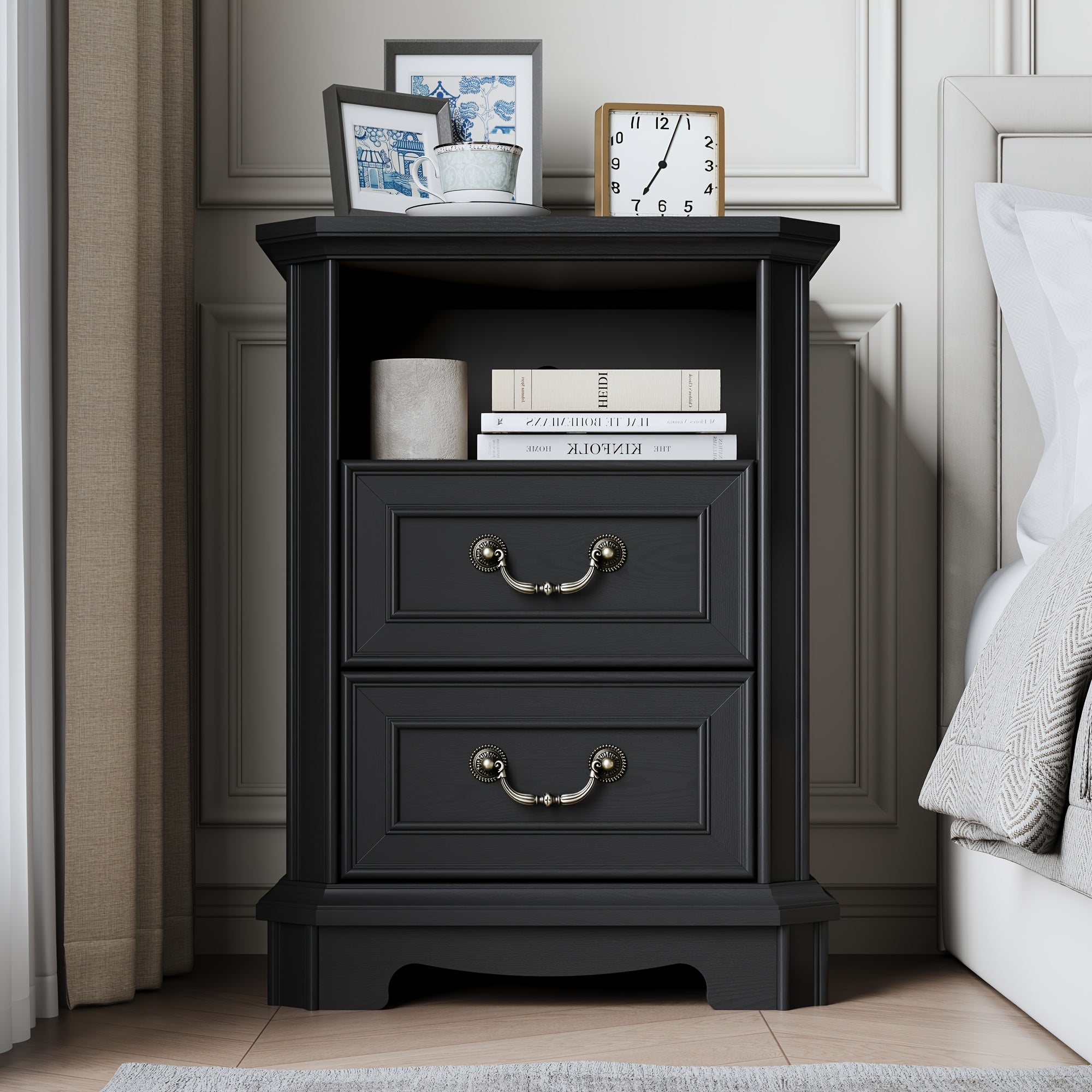 Charming Farmhouse 2-Drawer Nightstand - White Wooden End Table with Open Shelf for Bedroom & Living Room, Stain-Resistant