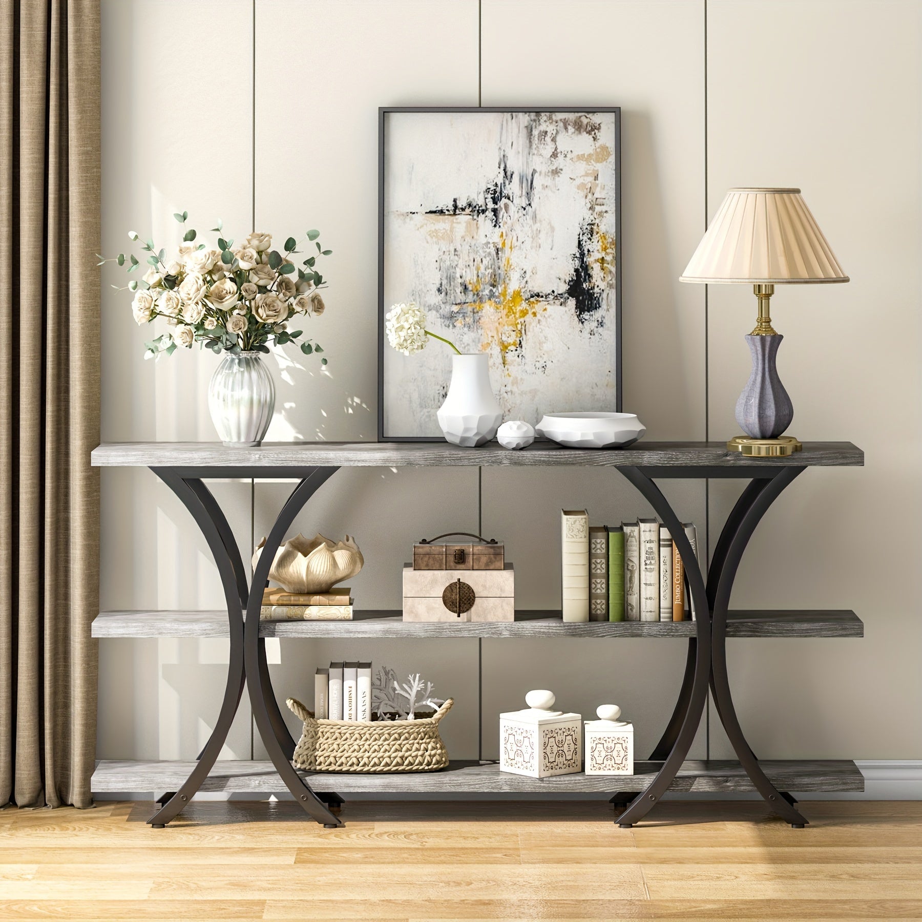 180 cm Narrow Console Table, Long Sofa Table Entry Table with 3 Tier Storage Shelves for Entryway Hallway Living Room