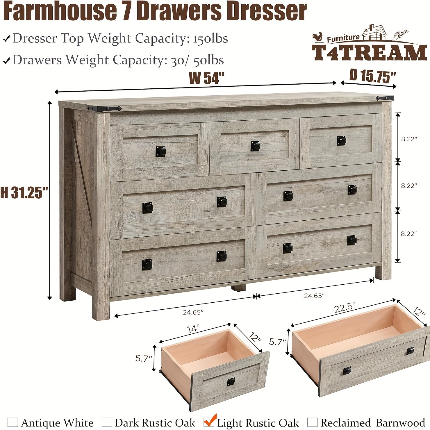 Farmhouse 7 Drawers Dresser for Bedroom, Wood Rustic Dresser TV Stand, Storage Organizer, Dresser Chest of Drawers for Living Room, Hallway