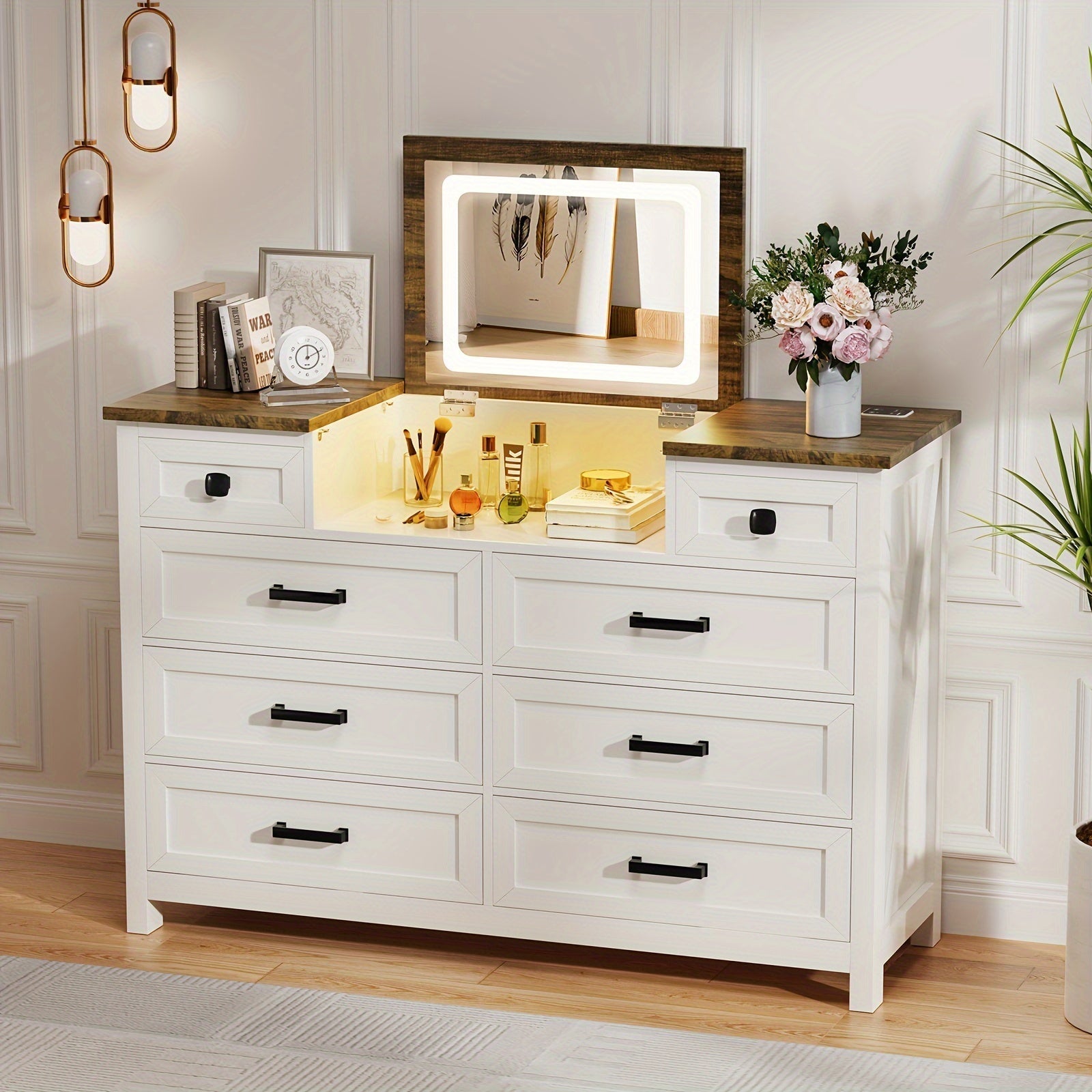 Dresser With Mirror For Bedroom, 8 Drawer Dresser With Charging Station, Farmhouse Chest Of Drawers For Bedroom, Hallway, Kids Room