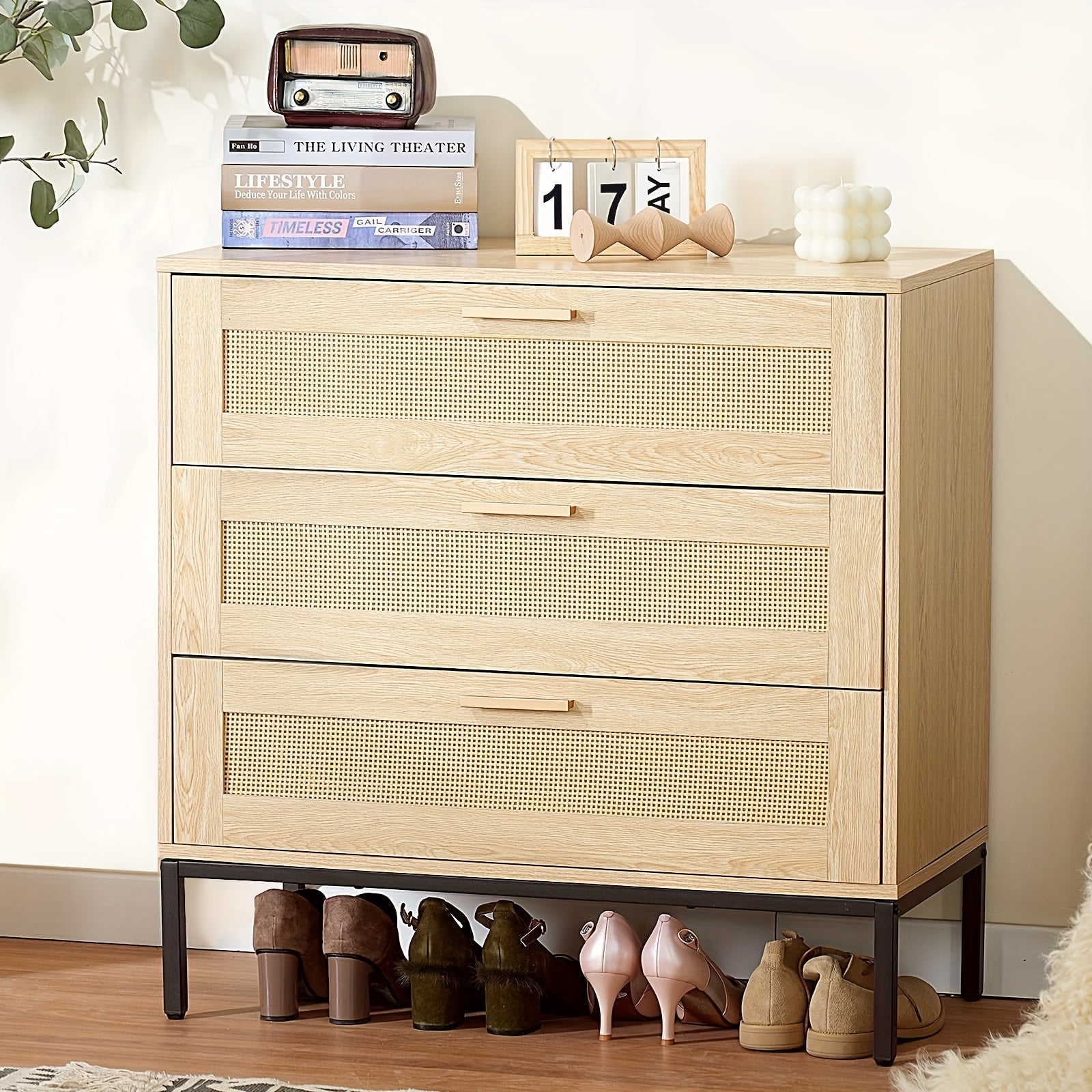 Rattan Dresser 6 Drawer Dresser For Bedroom Mid Century Modern Dresser Natural Rattan Chest Of Drawer Light Wood Dresser Boho Dressers For Entryway, Bedroom, Living Room, Hallway, 43.4'*31.5'*15'