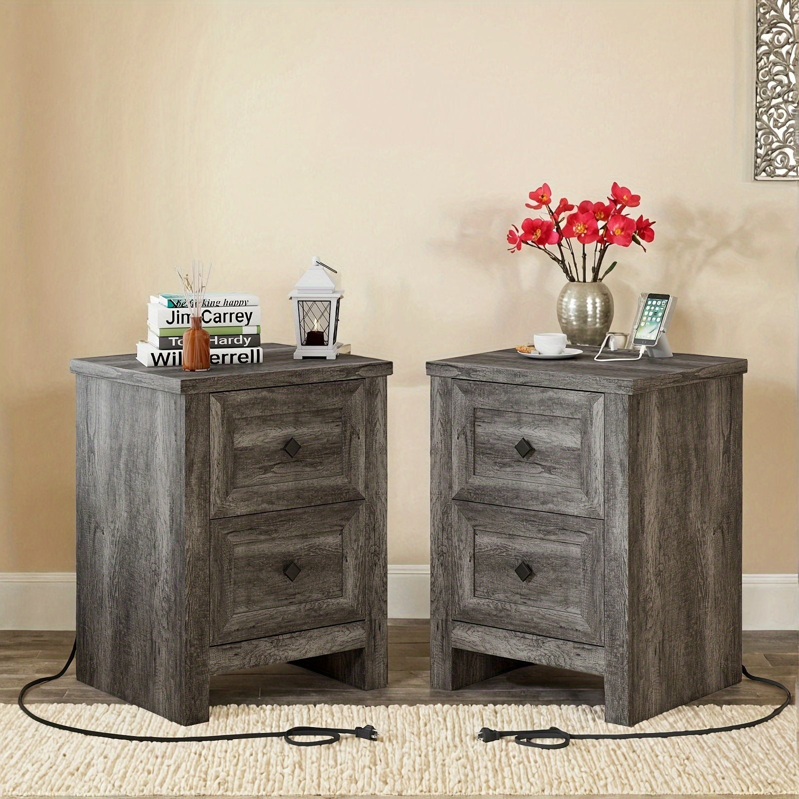 Charming Farmhouse Nightstand Set of 2 with Built-In Charging Station & Storage Drawers - Rustic Wooden Bedside Tables for Bedroom and Living Room