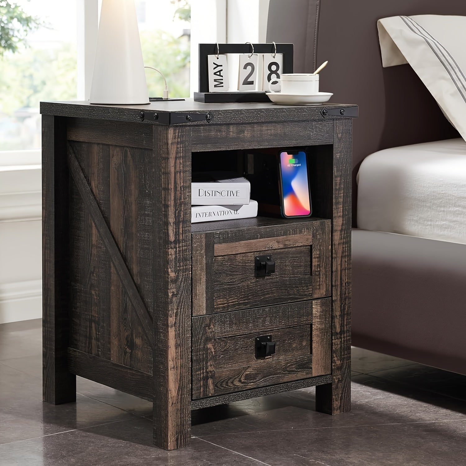 Nightstand with Charging Station, End Table, Side Table with 2 Drawers Storage Cabinet for Bedroom, Living Room, Farmhouse Design, Wood Rustic