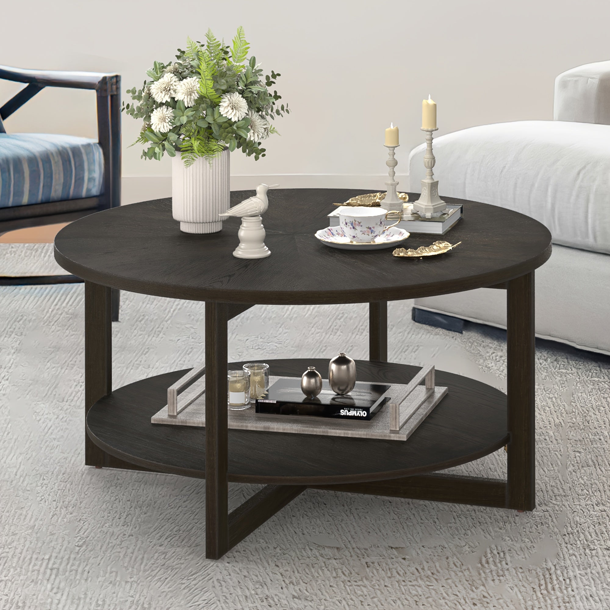 Round Coffee Table, Cocktail Table For Living Room, 35" Rustic Modern Circle Coffee Tables With 2-Tier Storage Shelf, Sofa Table,