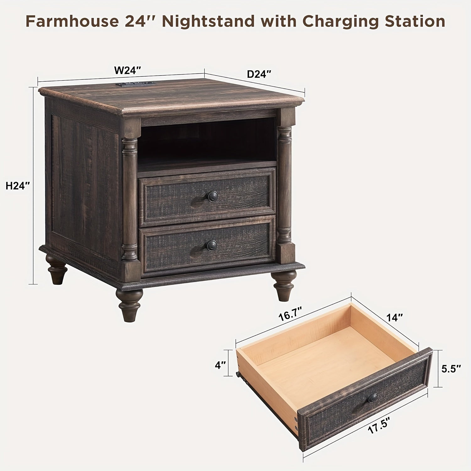 60cm Farmhouse End Table W/4 Solid Wood Feet, Large 2 Drawers Wide Sofa Side Table With Charging Station, Tall Rustic Wood Square Nightstand For Living Room, Bedroom, Office