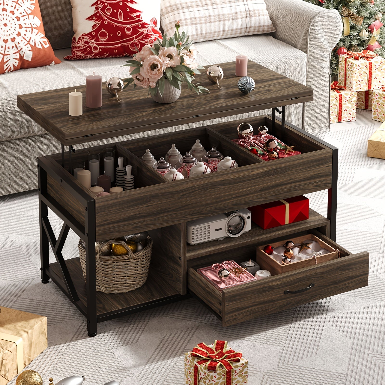 Convertible Lift-Top Coffee Table with Storage, 4-in-1 Multi-Functional Wood Table, Expandable Tiered Shelf Design, Freestanding Rustic Brown, with Hidden Compartment, for Living Room, Dining Room