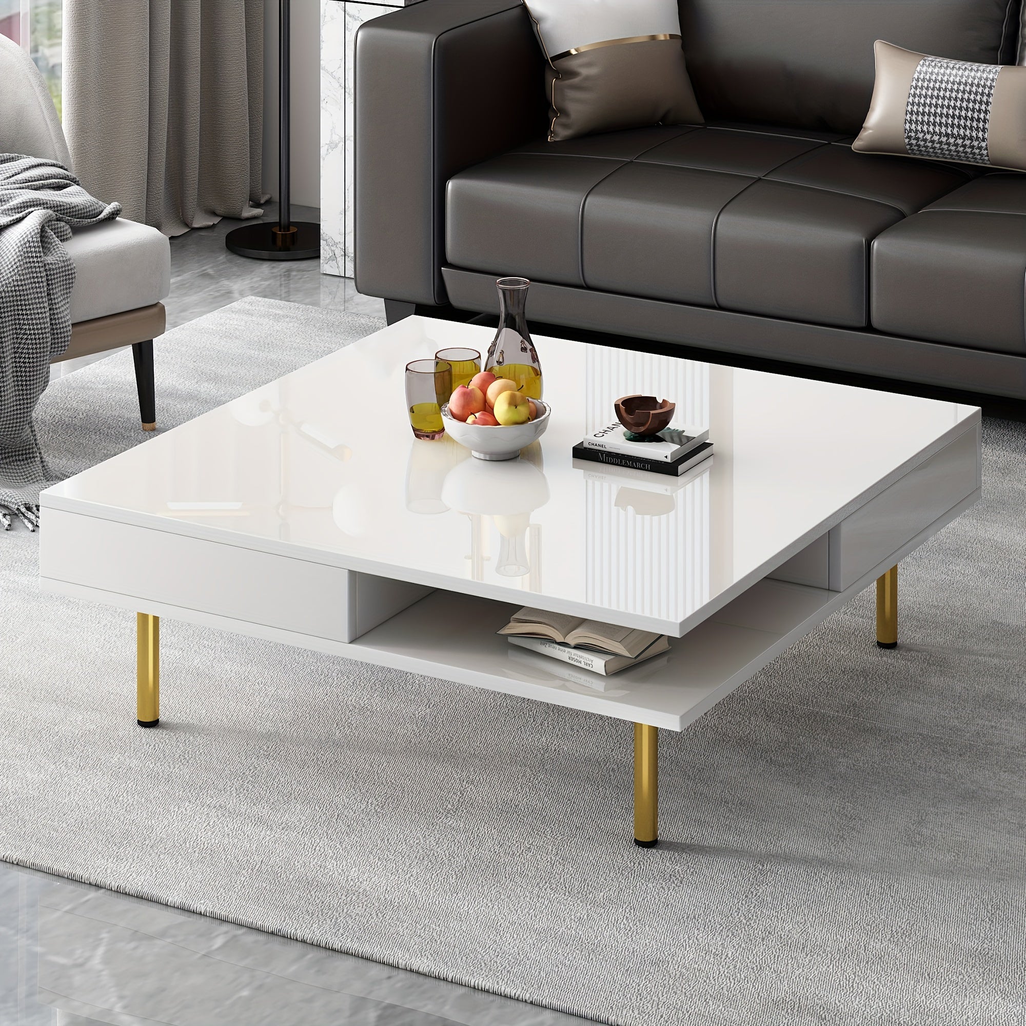 Exquisite High-gloss Glossy Coffee Table With Stylish Modern Design, Square Coffee Table For Living Room With Two Small Hidden Drawers And Open Storage Shelves For Easy Storage Of Various Items Such As Remote Controls, Magazi