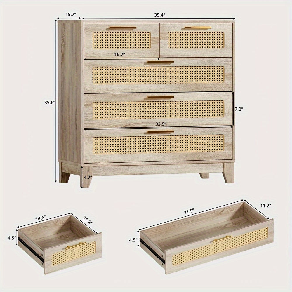 5 Drawer Chest Dresser, Rattan 5 Chest Of Drawers For Bedroom, Wood Storage Cabinet With Metal Handles, For Living Room, Nursery, Natural