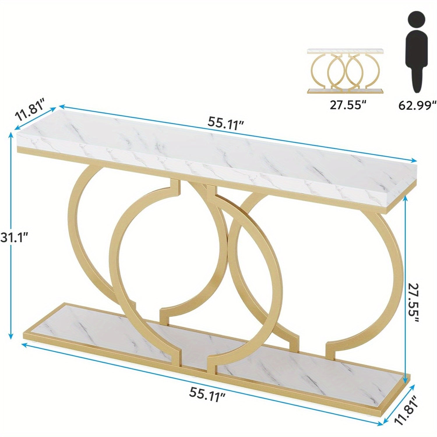 Golden Console Table, 140 cm Faux Marble Entryway Table Narrow Long Sofa Table, Modern Accent Table for Living Room, Entrance Table Geometric Metal Frame