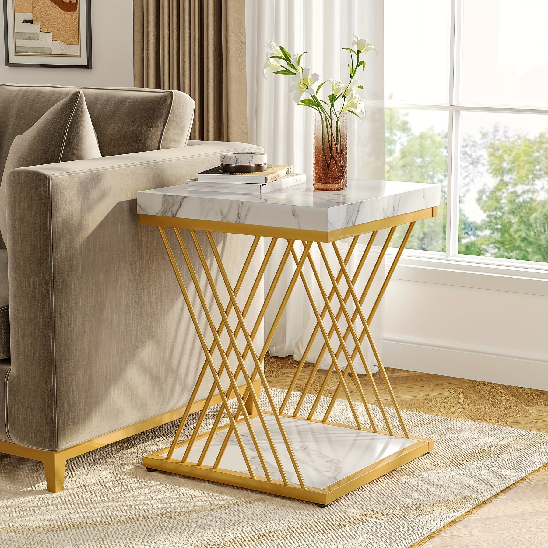 Square Side Table, White Golden End Table, 2-Tier End Table, Modern Bedside Table, Small Side Table with Storage for Couch, Sofa Side Table with Metal Frame for Living Room