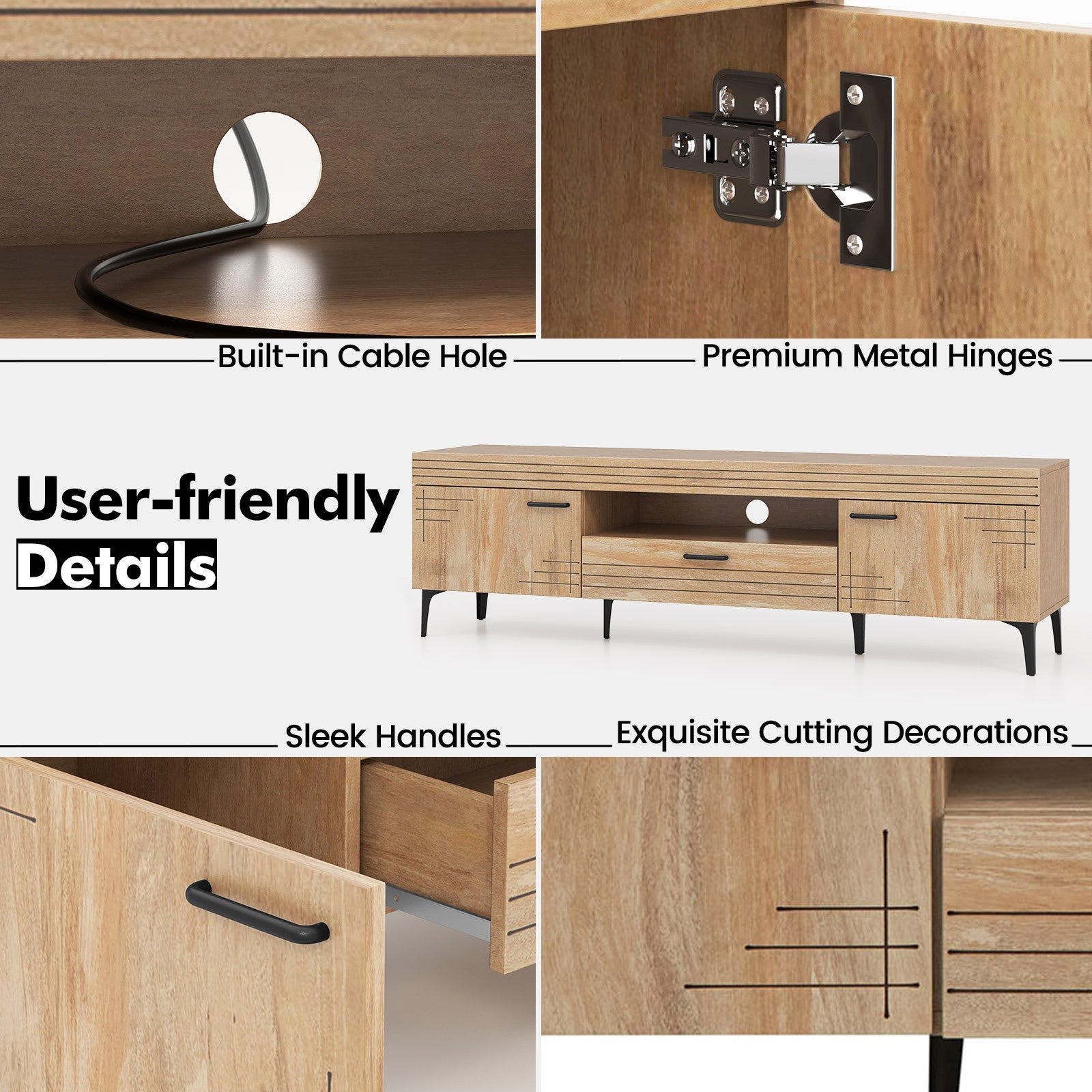 Mid Century Modern TV Stand for 65" TVs - Engineered Oak Wood with Metal Legs, Cable Management, Storage Drawer & Cabinets, Ideal for Living Room and Bedroom, Media Cabinet Console Table, Entertainment Center