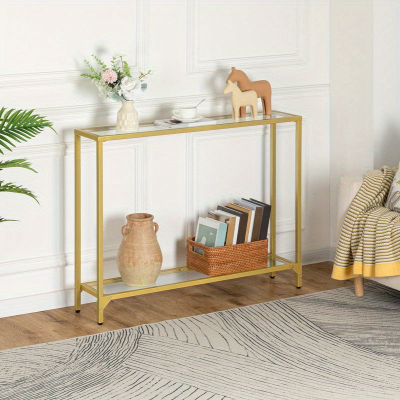 1pc Rustic Golden Metal Frame Console Table with Tempered Glass Top, Multifunctional Sofa Table for Living Room, Hallway - No Electricity Needed, Modern Narrow Couch Table (Measurements in cm)