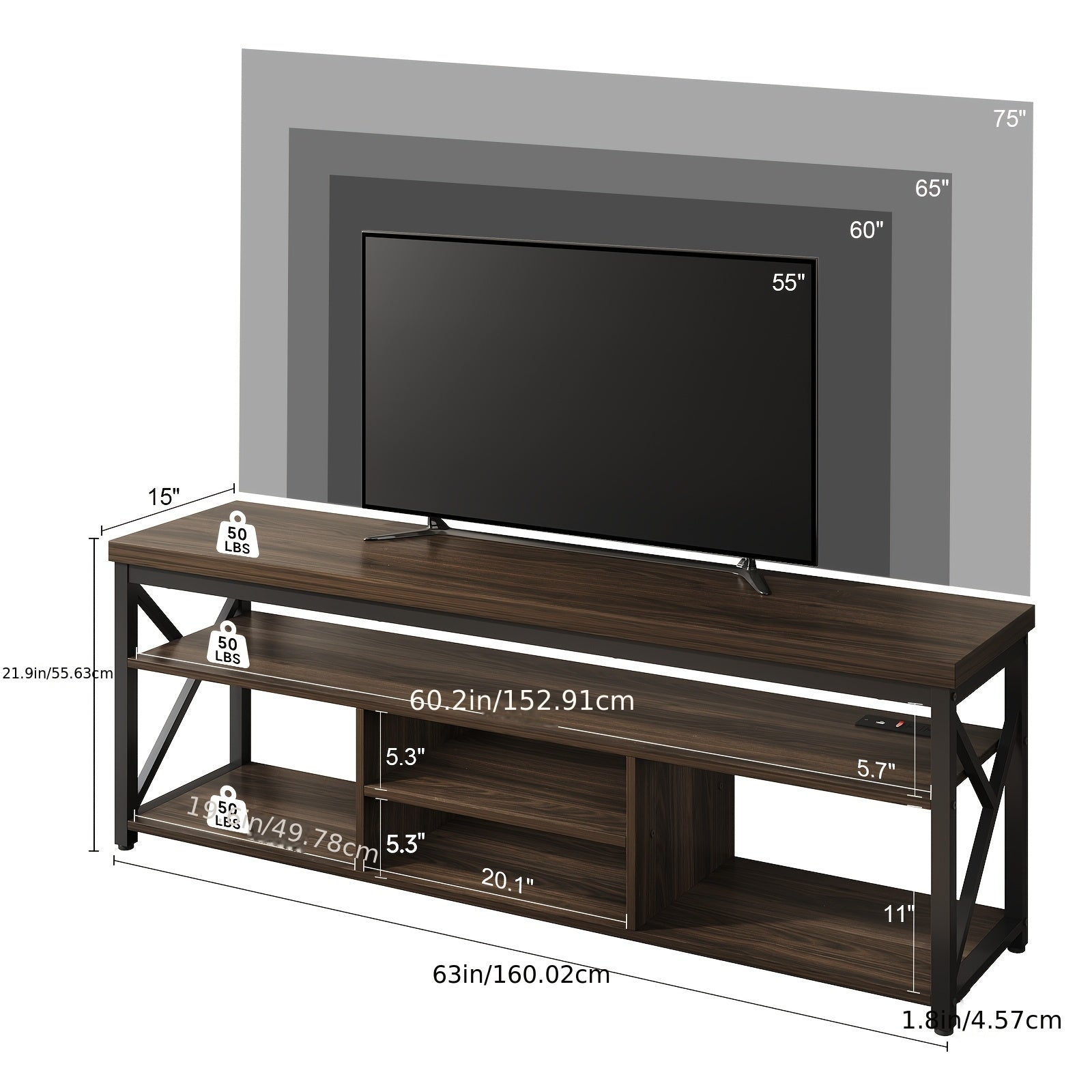 Industrial 160cm TV Stand for Up to 70-Inch TVs, Narrow Sofa Table with Metal Frame and 3-Tier Wood Storage Shelf, Space-Saving Console for Living Room, Hallway, Entrance - Black and Brown