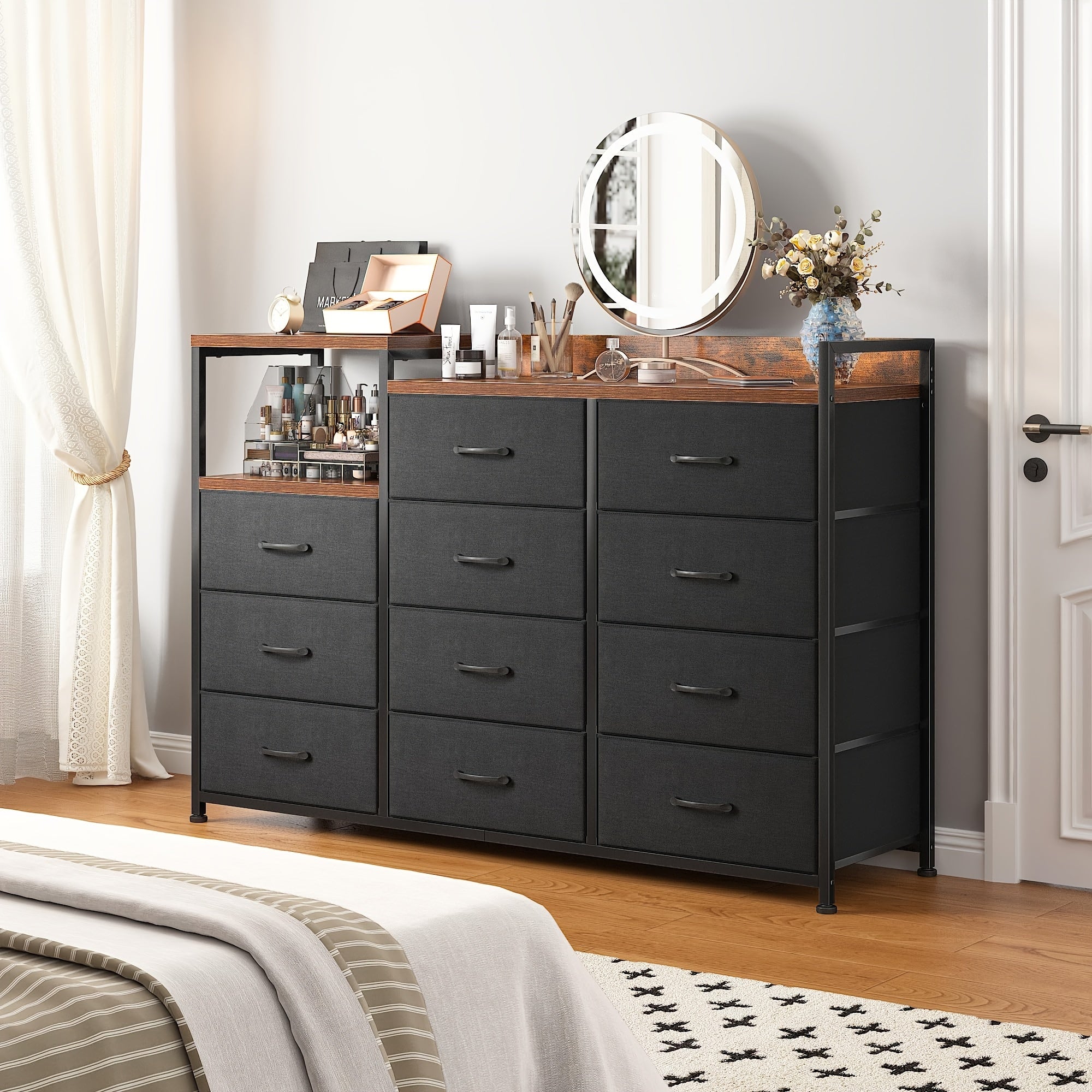 Dresser For Bedroom With 11 Drawers, Dresser TV Stand With Shelves, Long Dressers & Chests Of Drawers, Wide Dresser For Bedroom Dresser With Sturdy Metal Frame & Wood Top, Black