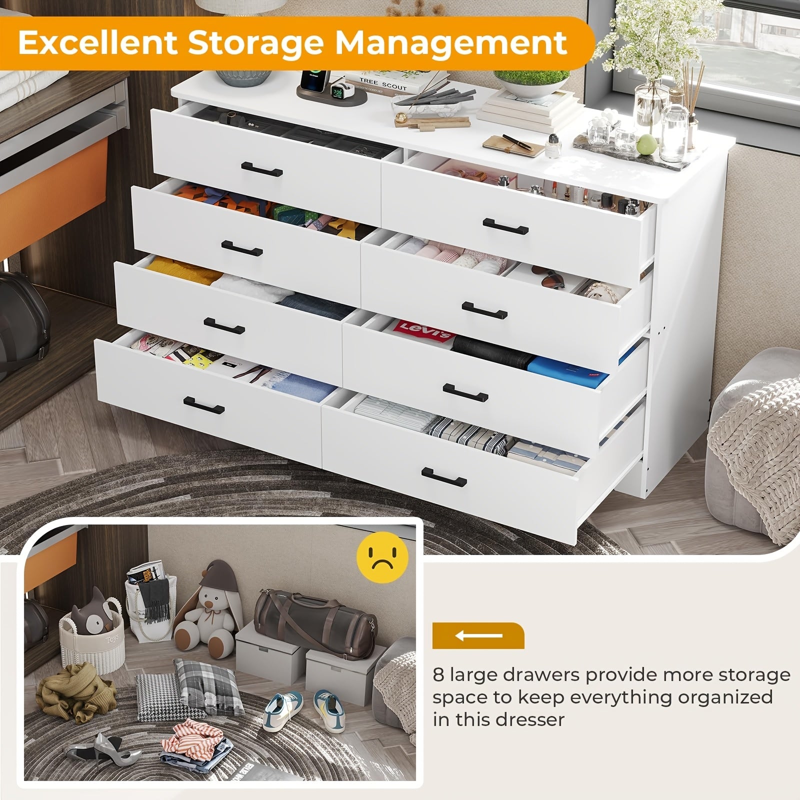 8 Drawer Bedroom Dresser, Large Drawer Chest With Charging Station, 55.1 Inch Wide Storage Wardrobe Organizer, Living Room Long Dresser TV Stand, White