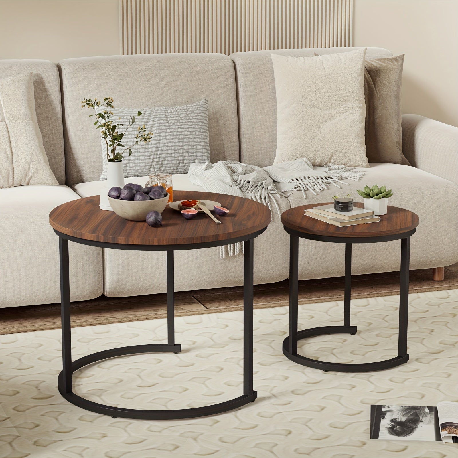 Coffee Tables for Living Room - Small Round Set of 2, Center Table with Solid Wood Grain Table Top and Sturdy Metal Frame, Nesting Tables for Small Spaces, Easy to Assemble