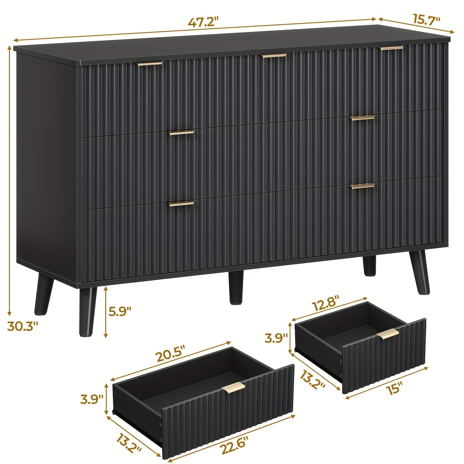 Dresser For Bedroom With Fluted Panel Design, 47.2'' Wide Mid Century Modern Fluted Dresser, 7 Drawers Chest Of Drawers With Golden Metal Handles, Black Organizer Storage Cabinet For Closet, Entryway