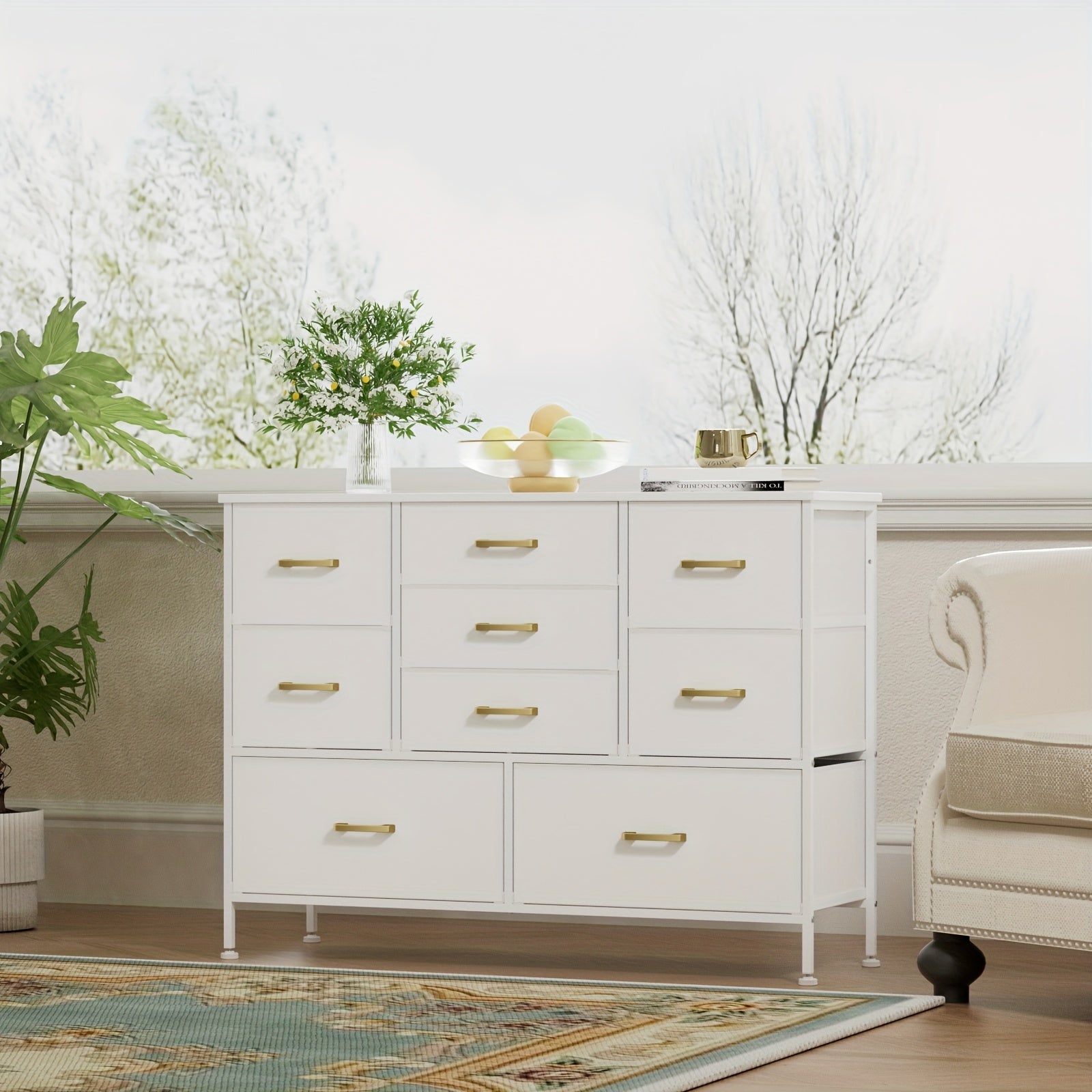 5/8/9 Drawers Dresser For Bedroom, White Dresser With Fabric Drawers, Chest Of Drawers With PU Finish, Metal Handle, Storage Organizer Unit For Closet, Living Room, Tv Stand Up To 43'', White