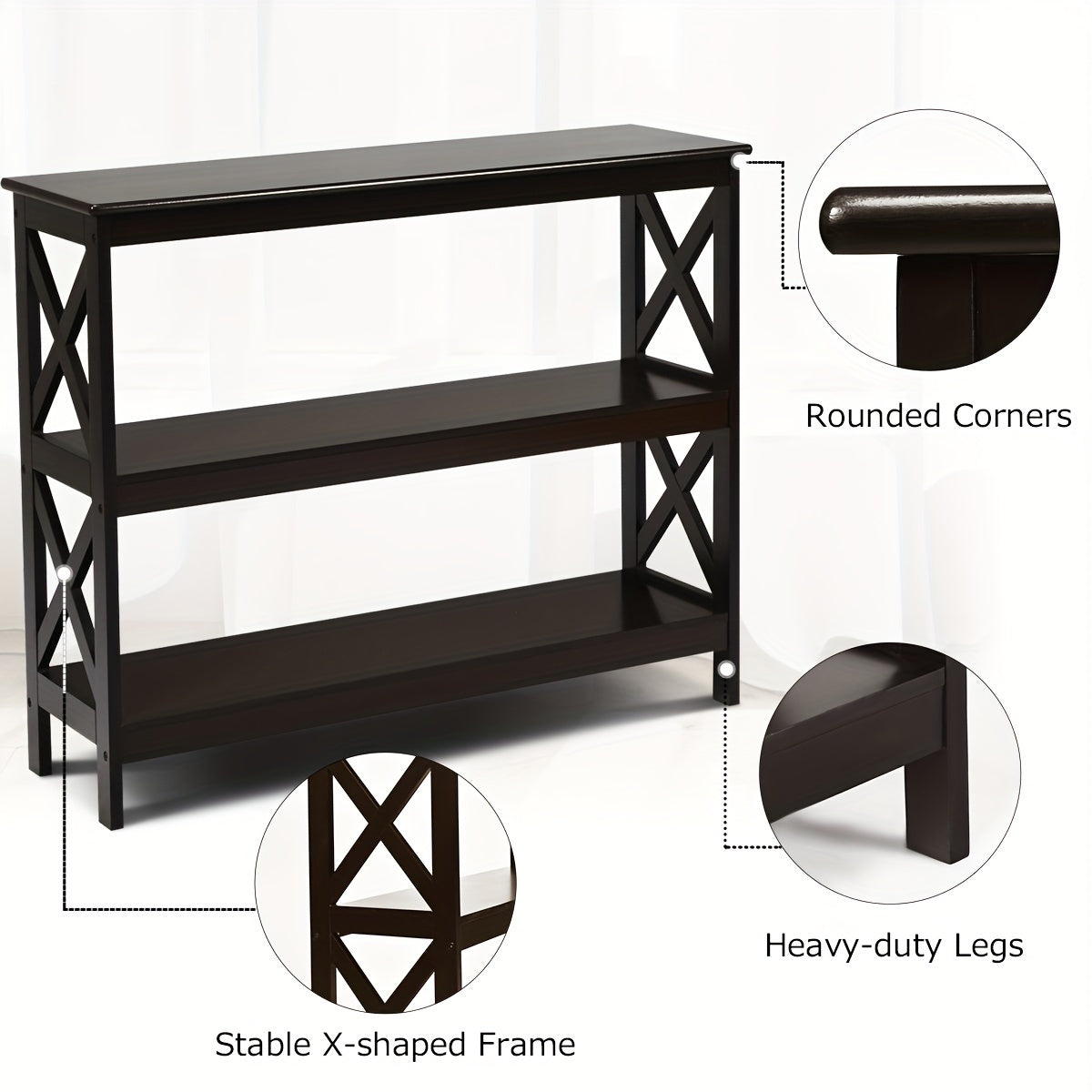 3-Tier Console Table X-Design Bookshelf Sofa Side Accent Table w/Shelf Espresso (76.2 cm)