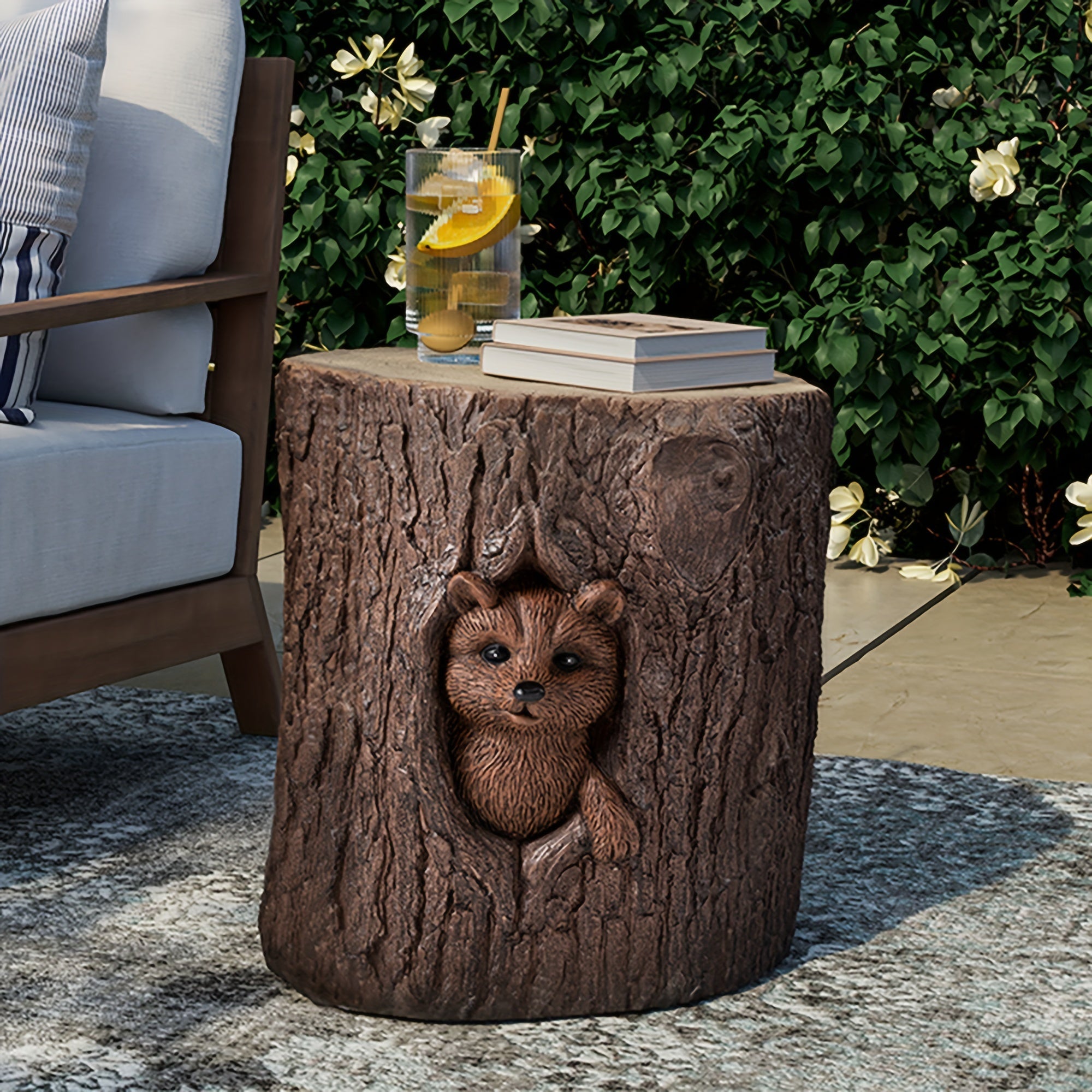 Concrete Side Table, Outdoor Side Table for Patio, 14-inch Raccoon Accent Table Patio Side Table End Table, Patio Ceramic Side Table Garden Stool Log Table