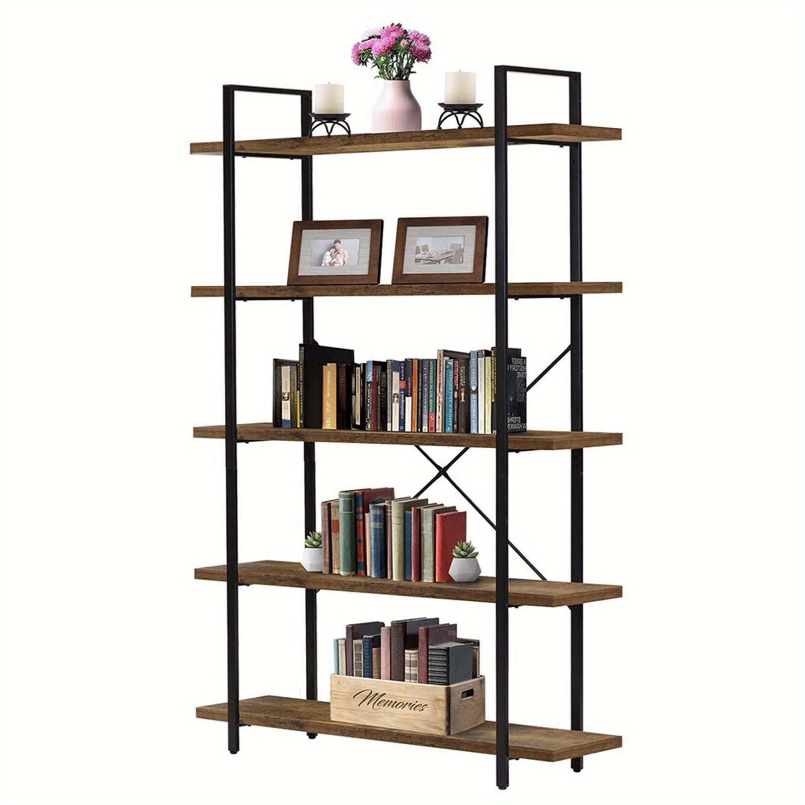 5 Tier Bookshelf, 2 Mounting Approaches, Industrial Etagere Bookcase with Metal Frame, Rustic Tall Book Shelf Unit for Living Room, Study, Home Office (1, Rustic)