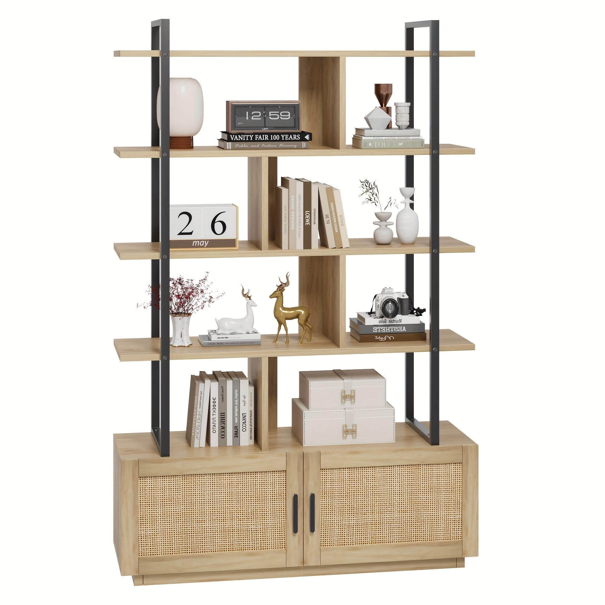 5 -Tier Rattan Bookshelf with Storage Cabinet & Door, 71.1''Tall Industrial Book Shelf with Open Display Shelves, Bookcase with Metal Frame for Living Room, Bedroom