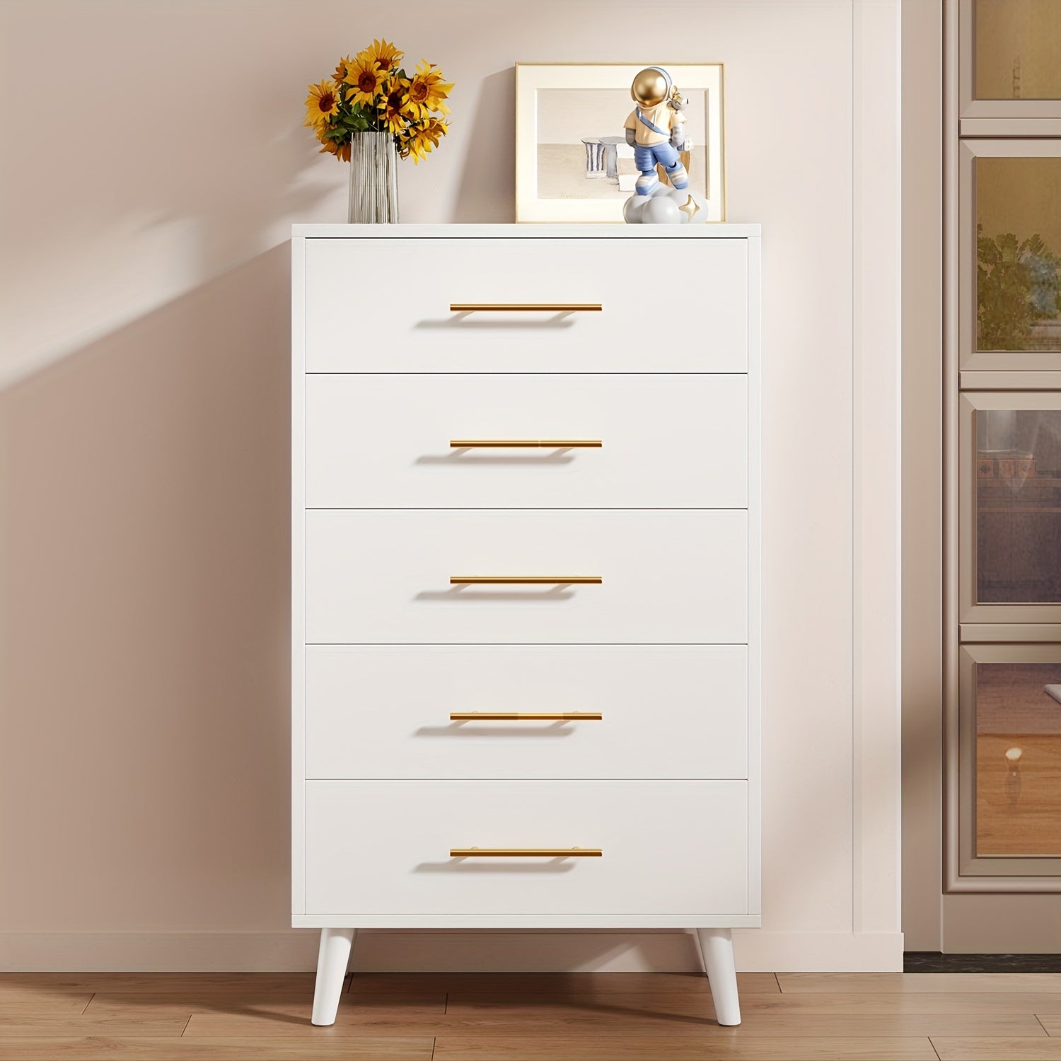 5 Drawer Dresser For Bedroom, Tall Chest Of Drawers With Metal Handles, Wood Storage Organizer Dresser Nursery Dresser, For Living Room/Hallway/Entryway