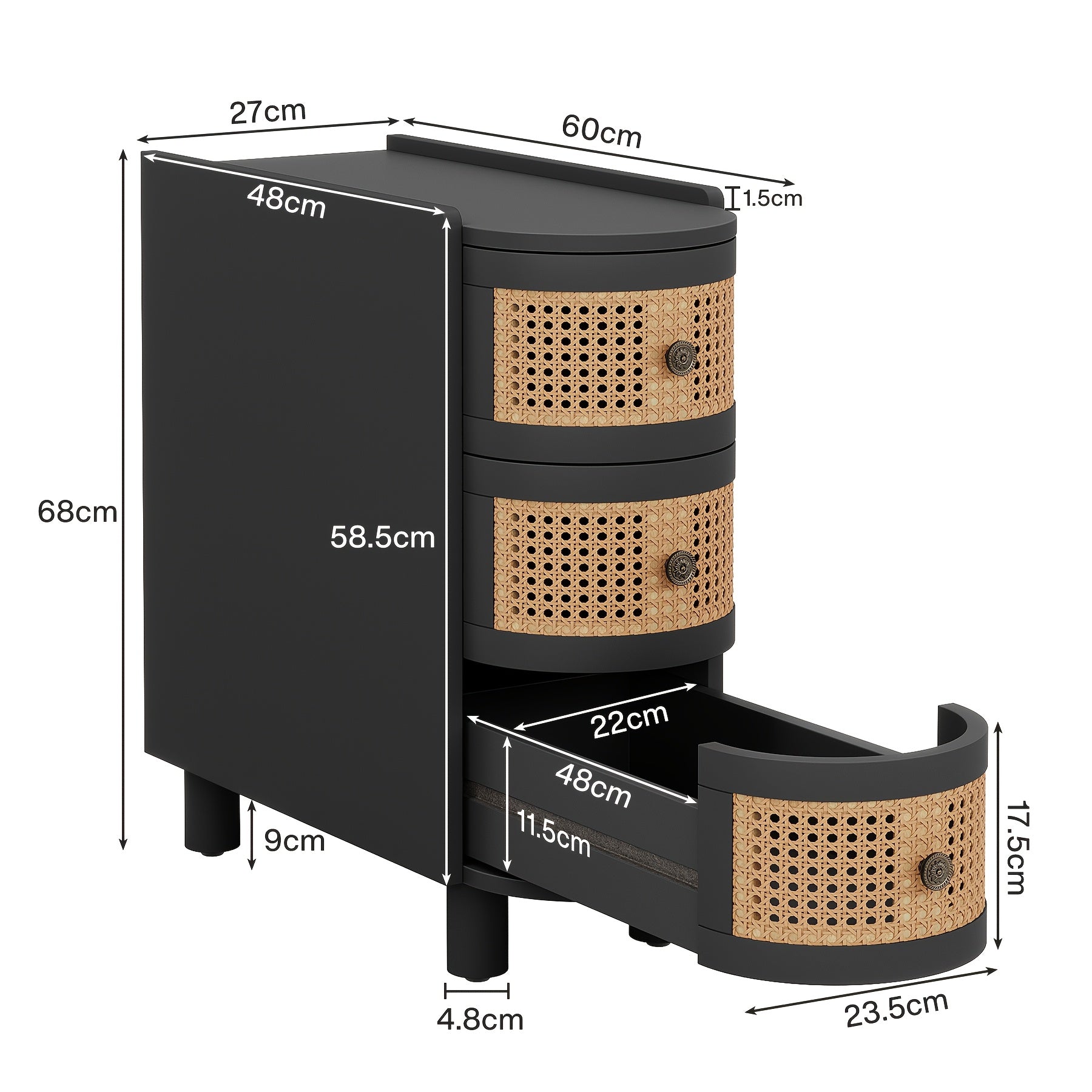 3-Drawer Rattan End Table, Solid Wood Sofa Side Table With Vintage Embossed Handles, Slim Nightstand For Living Room, Bedroom, Finished Back, No Assembly (Walnut & Oak, 1 PC)
