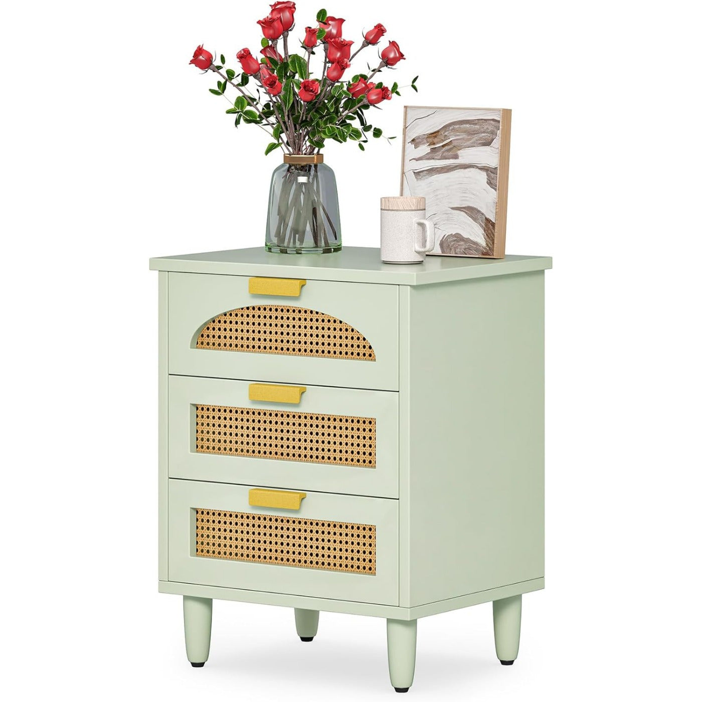 Mint Green Rattan Nightstand with 3 Drawers - Modern Wooden End Table for Living Room and Bedroom, Hardwood Storage Lockers for Organization, Bedside Table, Couch