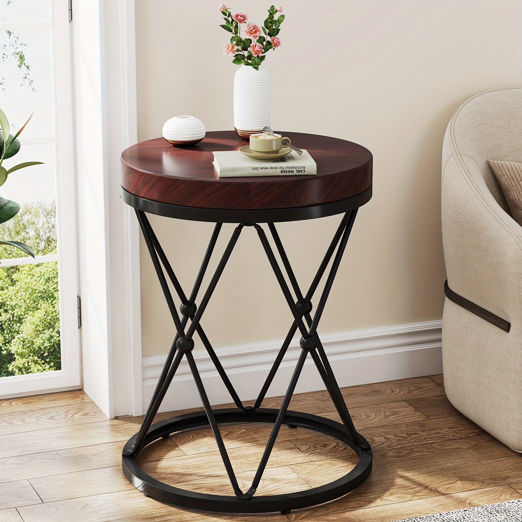 50cm Round End Table, Modern Sofa Side Table With X-Shaped Base, Wooden And Metal Cocktail Table Accent Table Nightstand For Living Room Bedroom