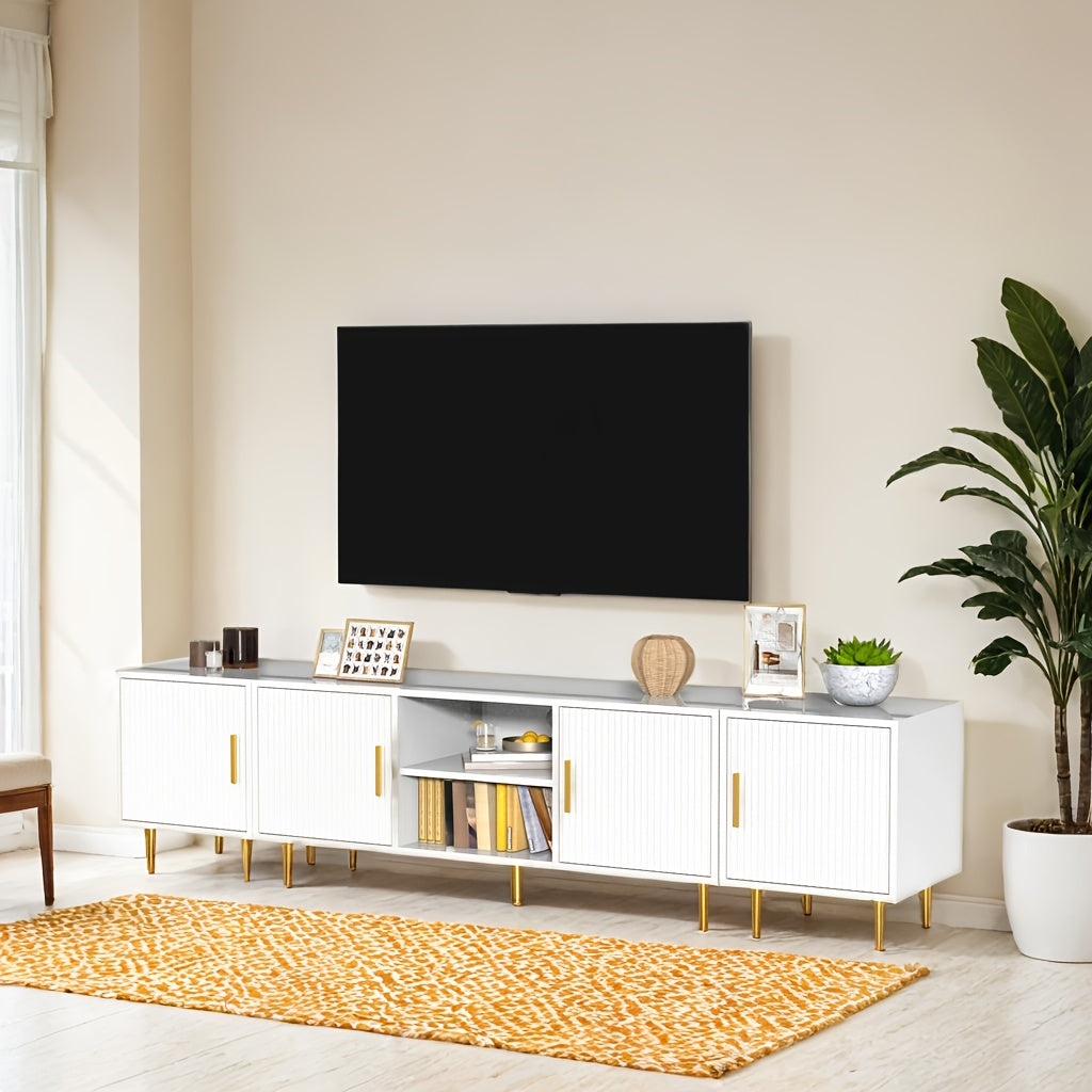 Luxury Fluted TV Stand with 2 Side Tables, Entertainment Center for TVs Up to 80", Modern Media Console with Cabinets, TV Console for Living Room Bedroom