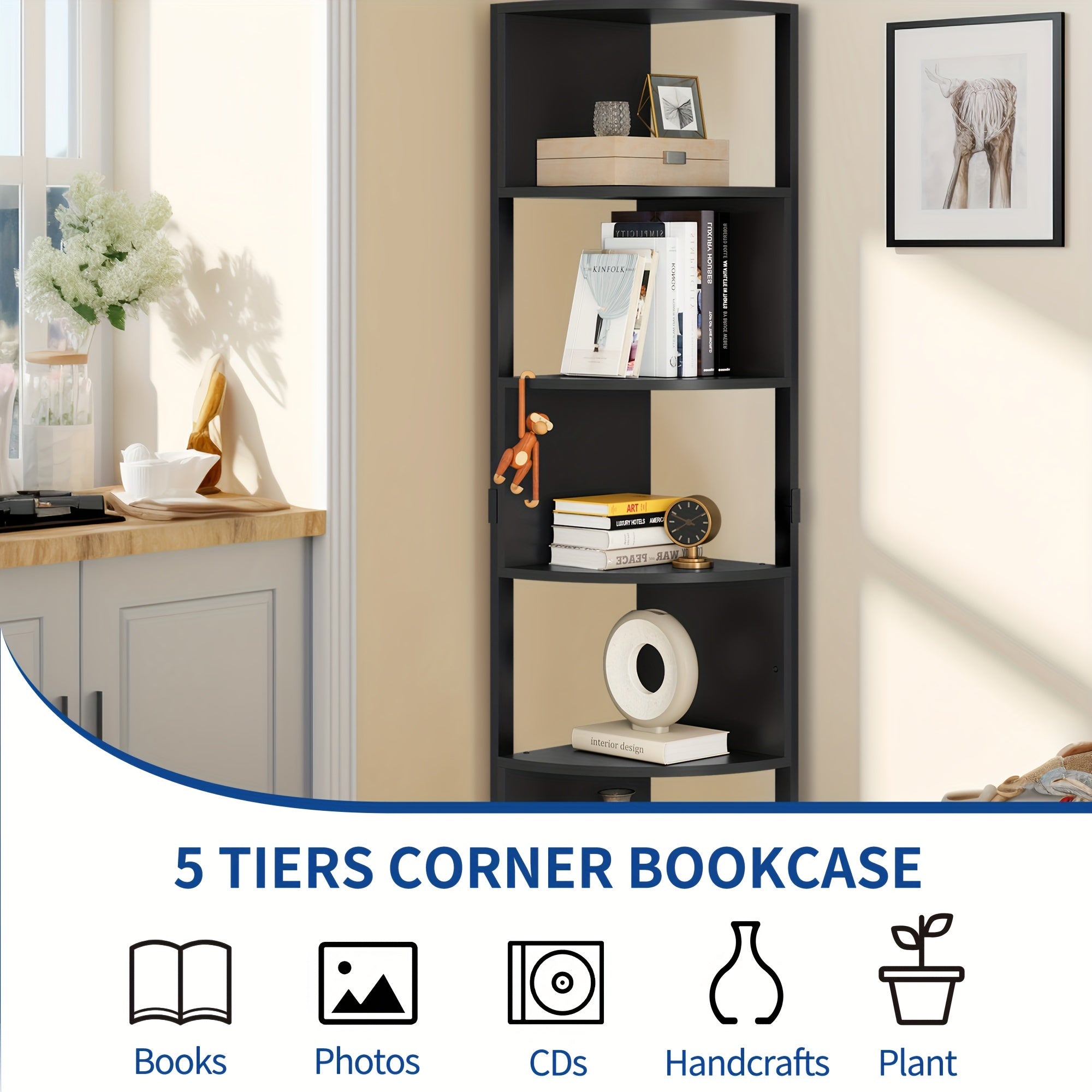 5 Tier Corner Shelf Corner Bookcase Bookshelf Space Saving Display W/ 5 Shelves