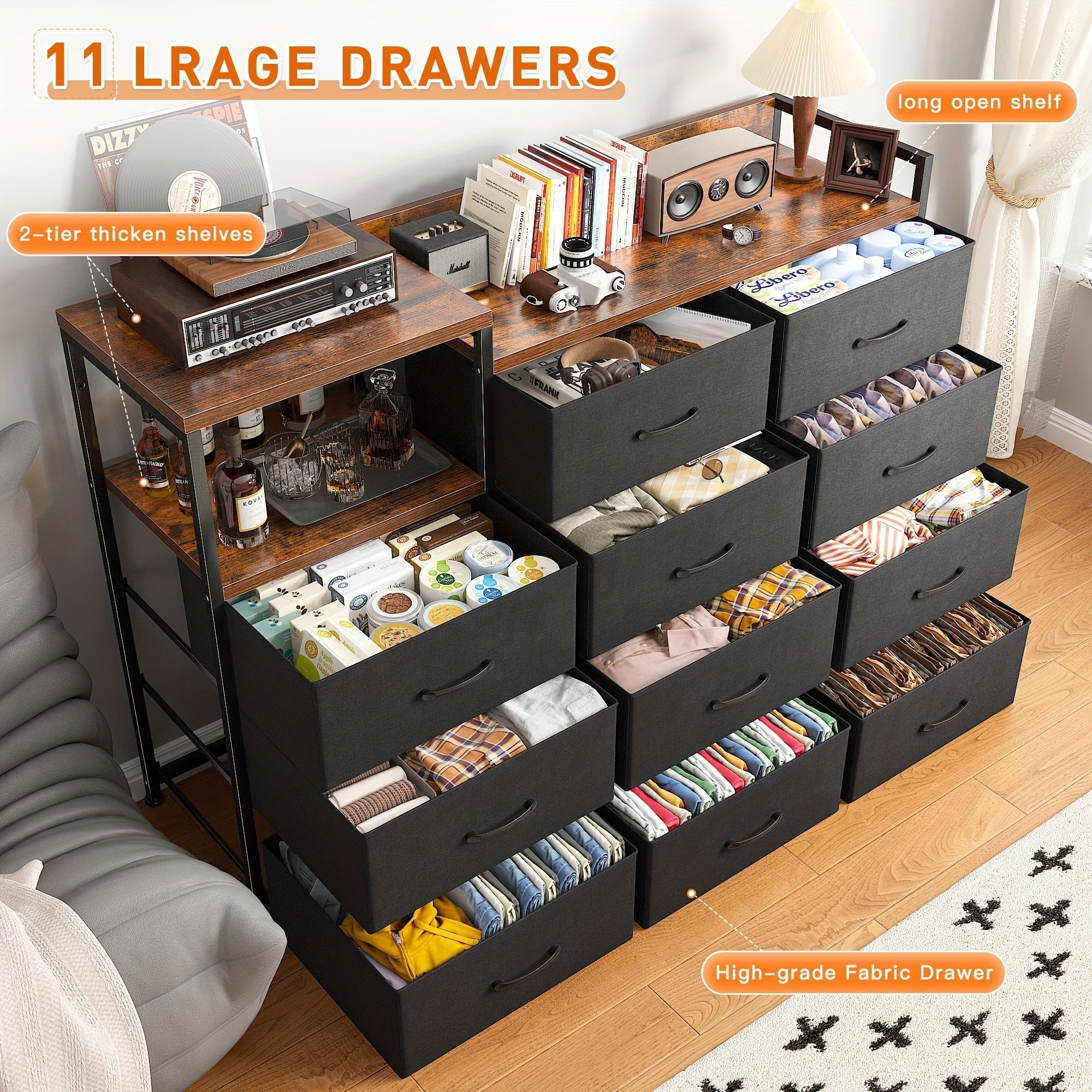 Dresser For Bedroom With 11 Drawers, Dresser TV Stand With Shelves, Long Dressers & Chests Of Drawers, Wide Dresser For Bedroom Dresser With Sturdy Metal Frame & Wood Top, Black