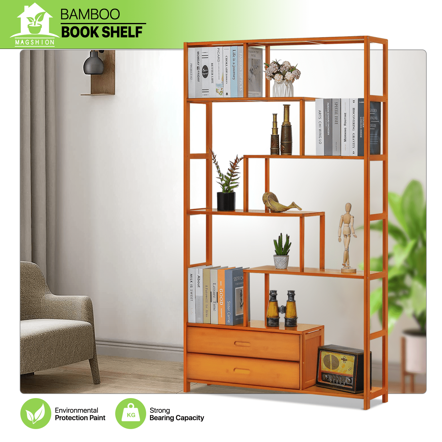 Magshion Bamboo 7 Tiers 2 Drawers Bookshelf, Books Display Storage Bookcase, Brown, for Home