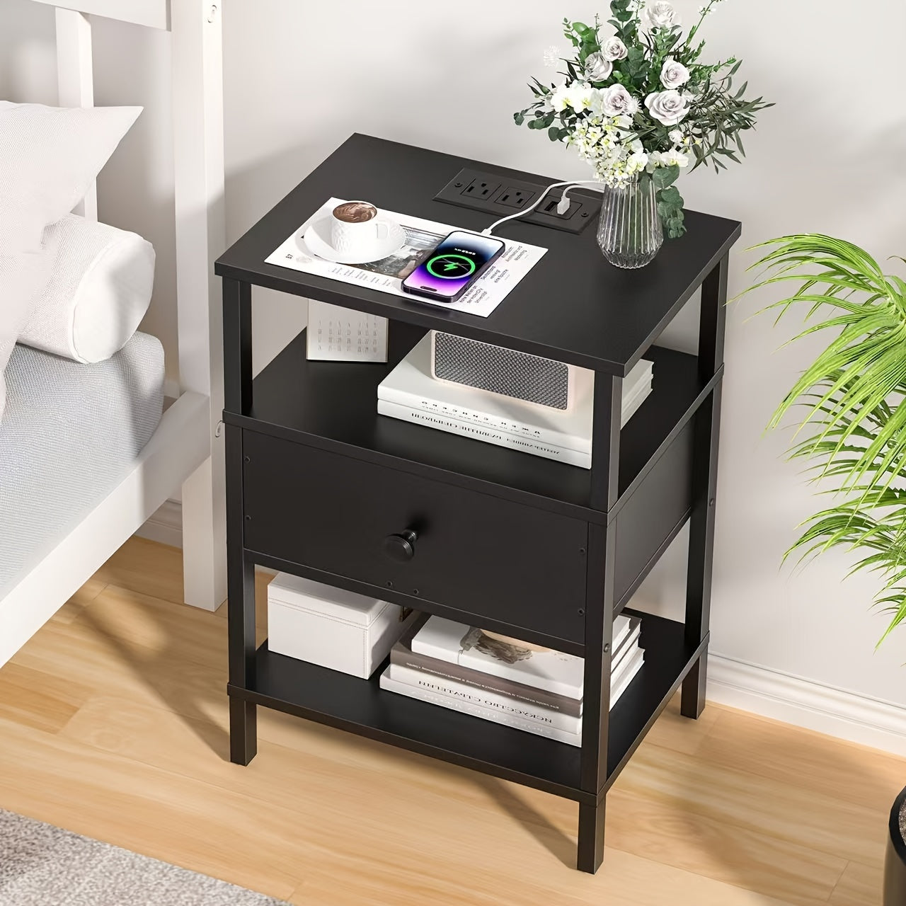 Charging Station And USB Ports, 3-Tier Storage End Table With Drawer Shelf, Night Stand For Small Spaces, Wood Bedside Table For Living Room, Bedroom - Classic Black