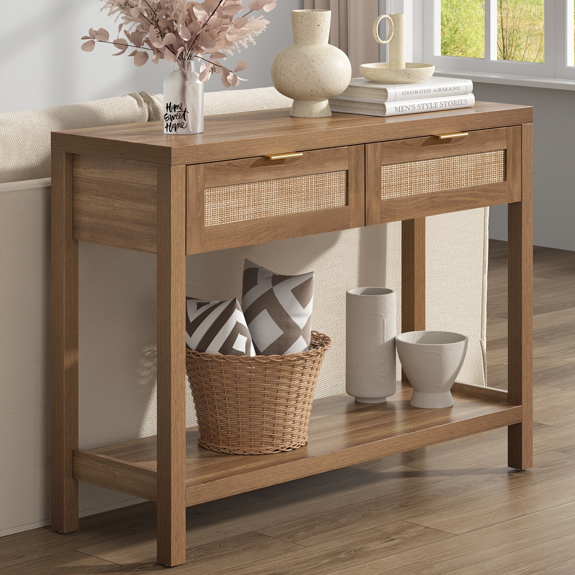 Rattan Console Table With Drawers, Wood Narrow Sofa Table Entryway Table For Hallway, Living Room (in cm)