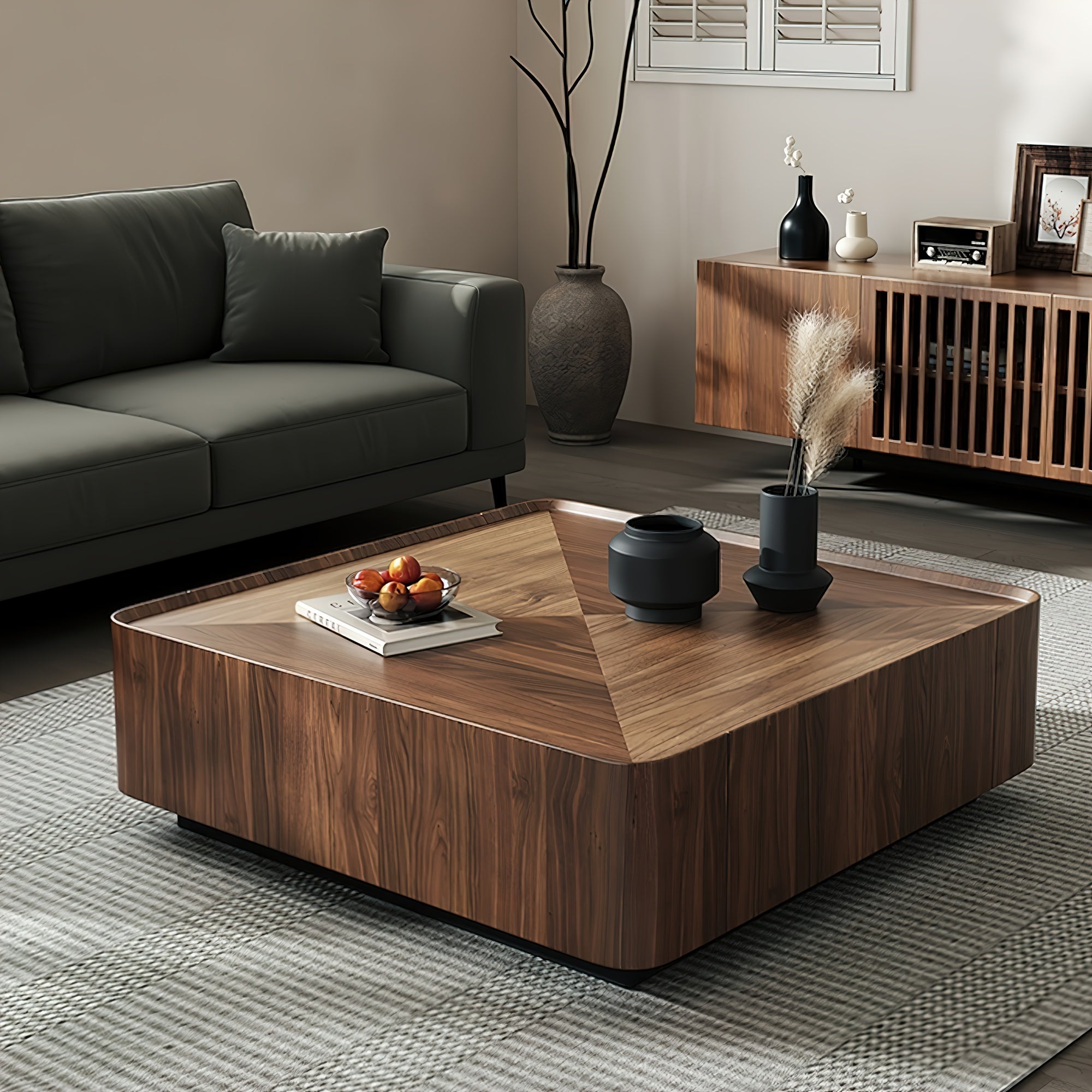 Coffee Table, 1 Piece,, Multi-layer Solid Wood,  Unique Furniture, Simple And Light Luxury, Square, With Storage Cabinet, Suitable For: Living Room, Dining Room, Bedroom, Patio, No Installation Required, Ma