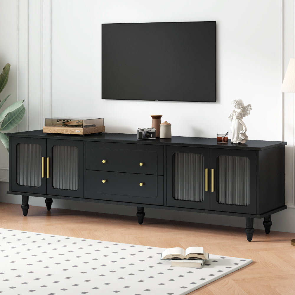 Retro Design TV Stand with Fluted Glass Doors for TVs Up to 78'', Practical Media Console with 2 Drawers and Cabinets, Elegant Entertainment Center for Living Room, Black