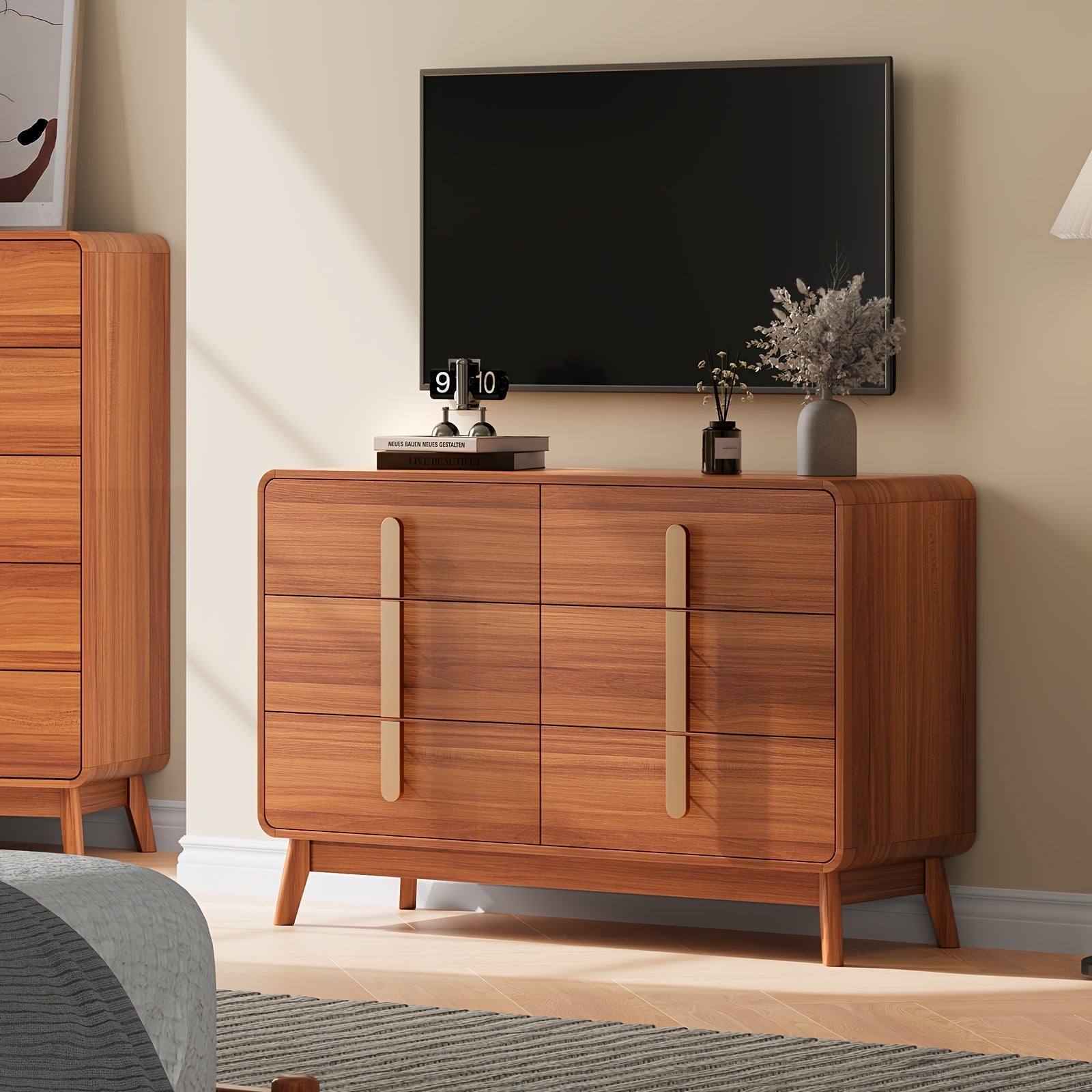 1pc Mid-Century Modern 6-Drawer Dresser Mid-Century Modern 6-Drawer Dresser, Hardwood Chest of Drawers with Metal Handles, Floor-Standing Wood Furniture, Flat Panel Doors, Engineered Wood Back, with No Electricity R