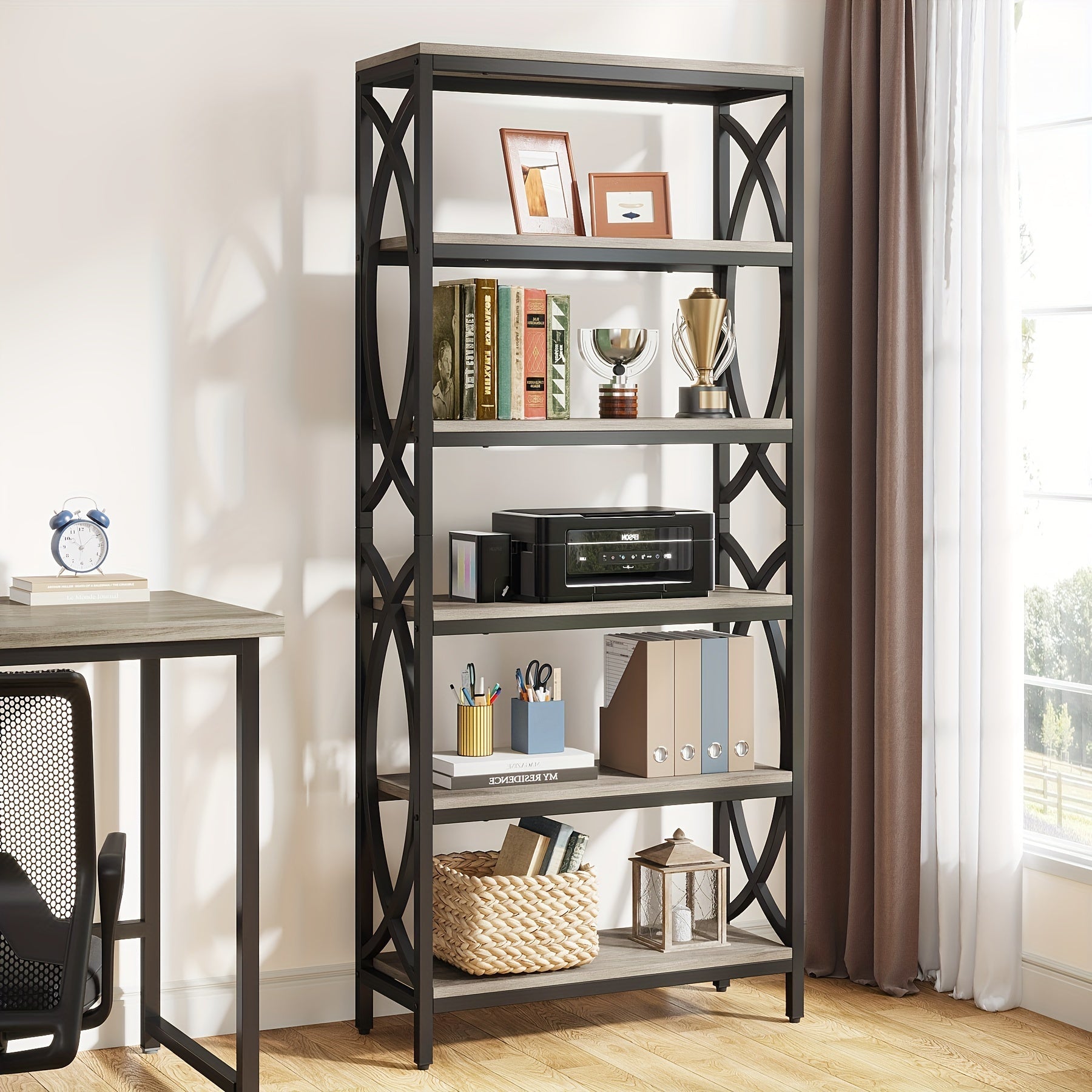 Introducing The 6-Tier Bookshelf, 175cm Tall Bookcase Combining Modern Wooden Design With Durable Metal Frame. This Freestanding Open Storage Shelves Or Shelving Unit Is Ideal For Office Or Living Room Use