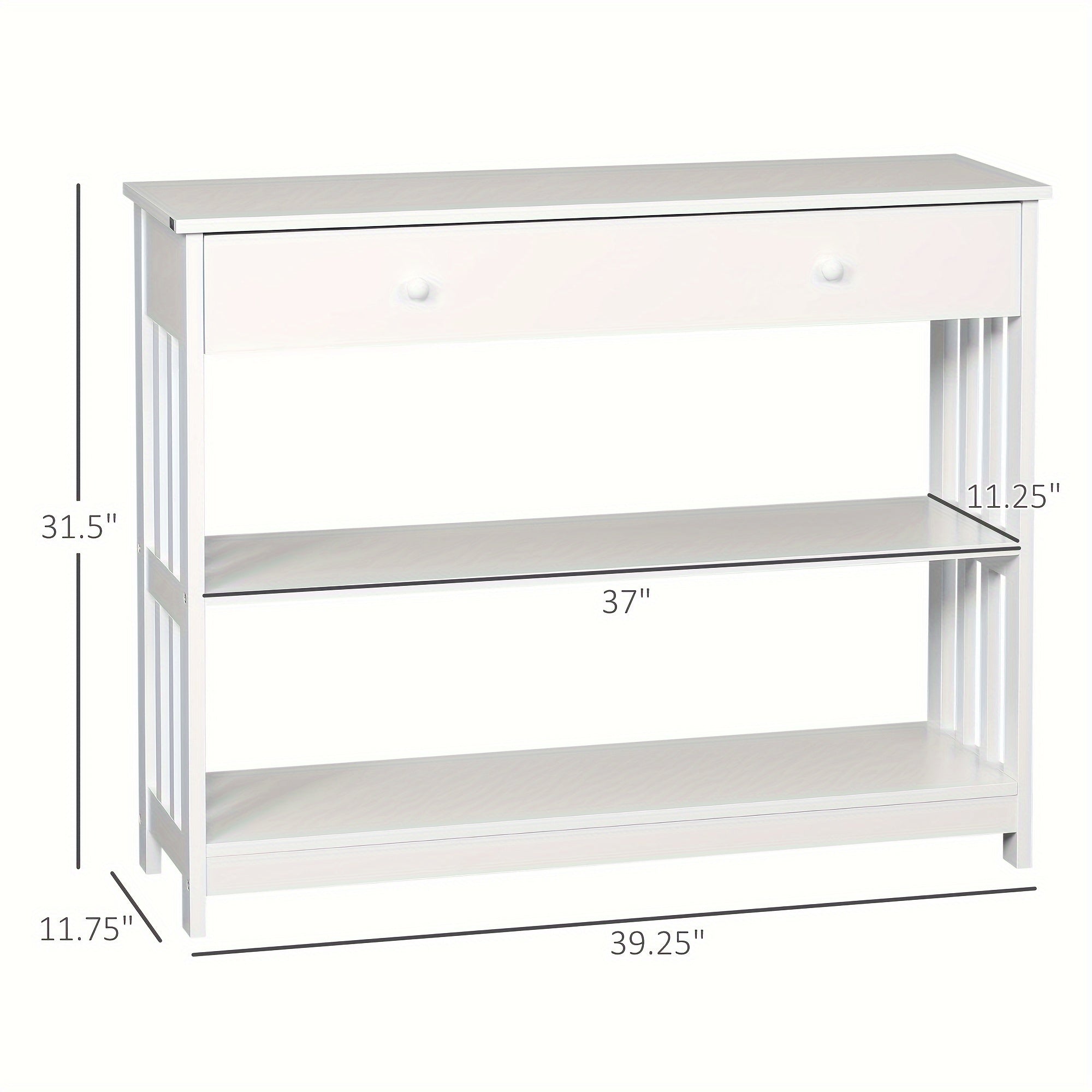 Console Hallway Table with Extra Wide Pull-Out Drawer, 2 Open Shelves, and Slatted Wood Frame Design, White (Measurements in cm)