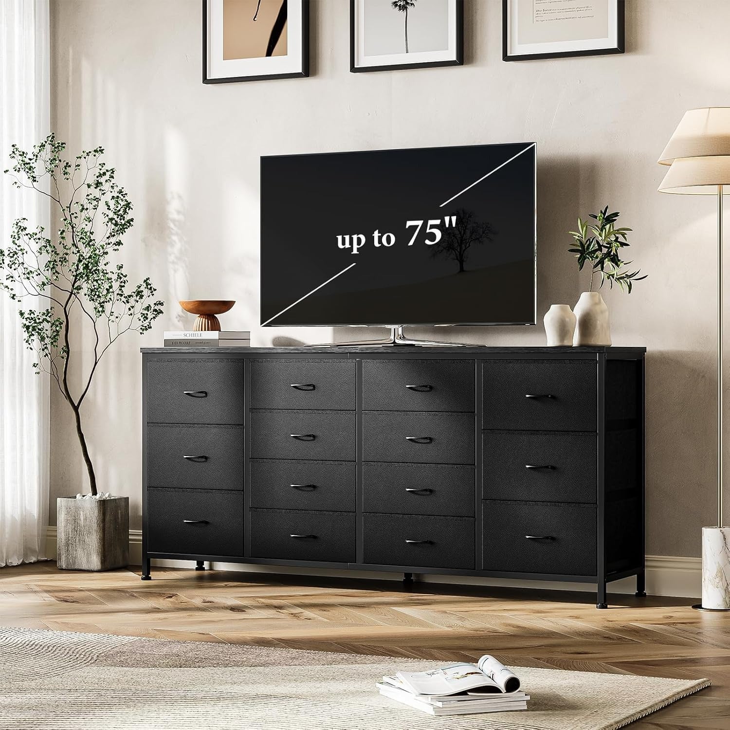 160cm  W Black Dresser TV Stand for 65 70 75 Inch TV, 14 Drawer for Bedroom with Power Outlets, Large Long Fabric Dresser Entertainment Center