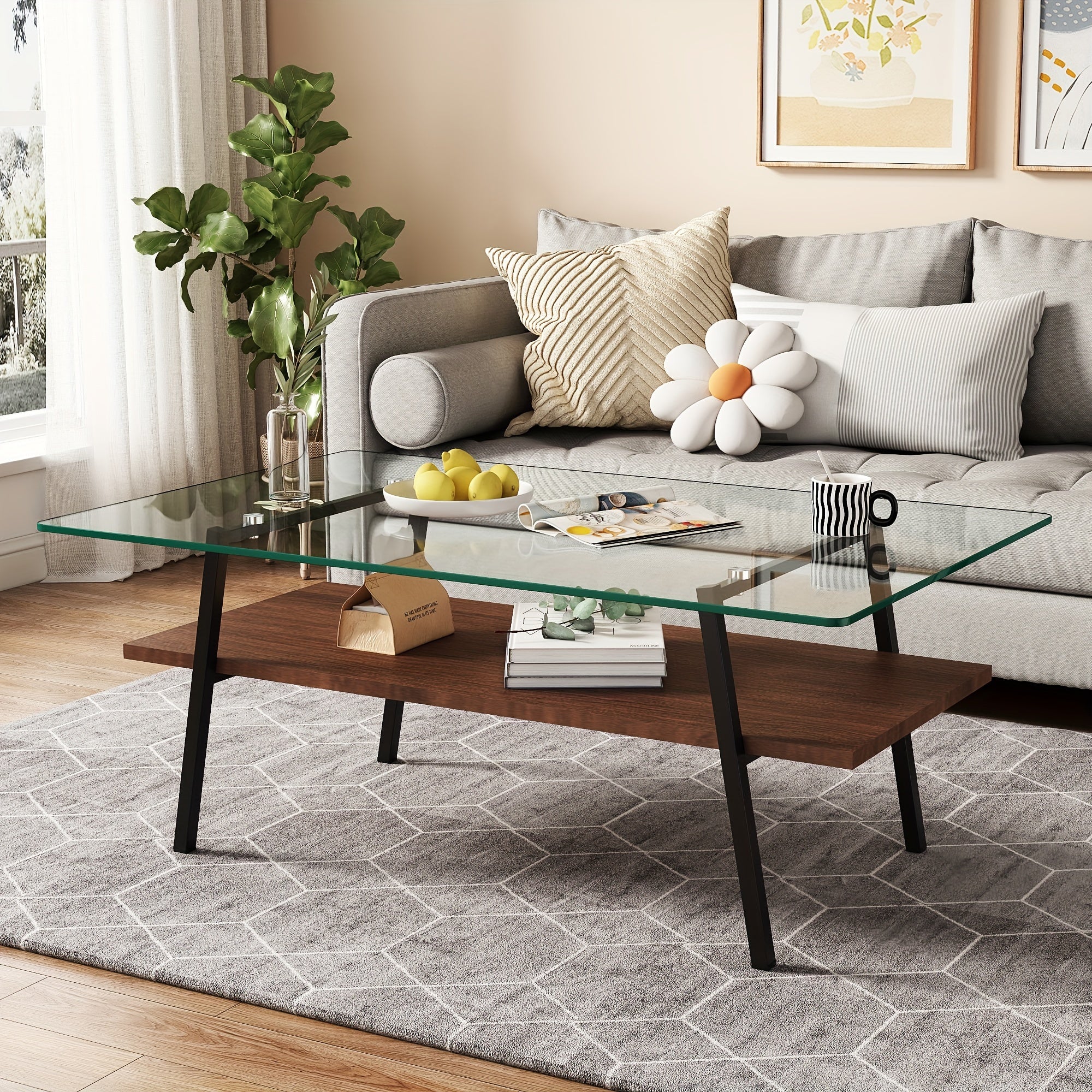 Glass Coffee Table, Mid Century 2 Tier Rectangle Accent Table, Tempered Glass Top & Wood Storage Shelf, Center Table For Living Room Apartment Small Space