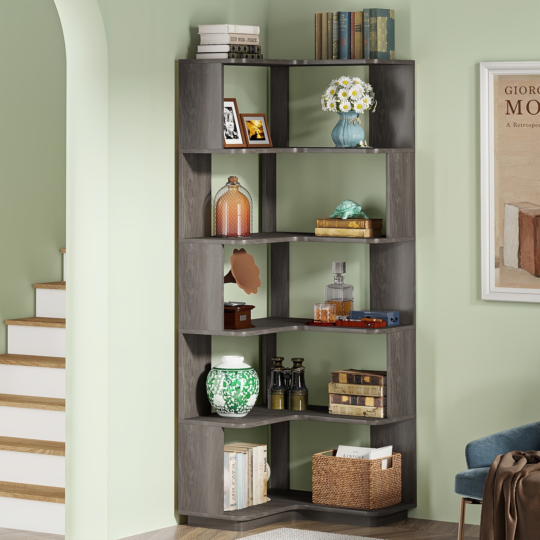 64.9 Inch Tall 6-Tier Corner Bookshelf With Anti-Drop Panel, Industrial Freestanding Display Rack And Storage Organizer For Home Office, Living Room